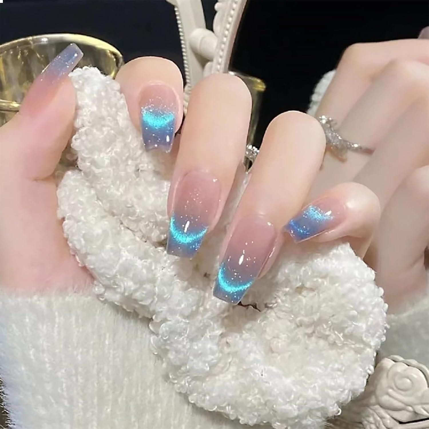 Kunstfingernägel 24x Blaue Ombré Press on Nägel Sargform Glitzer Quadratisch Falsche