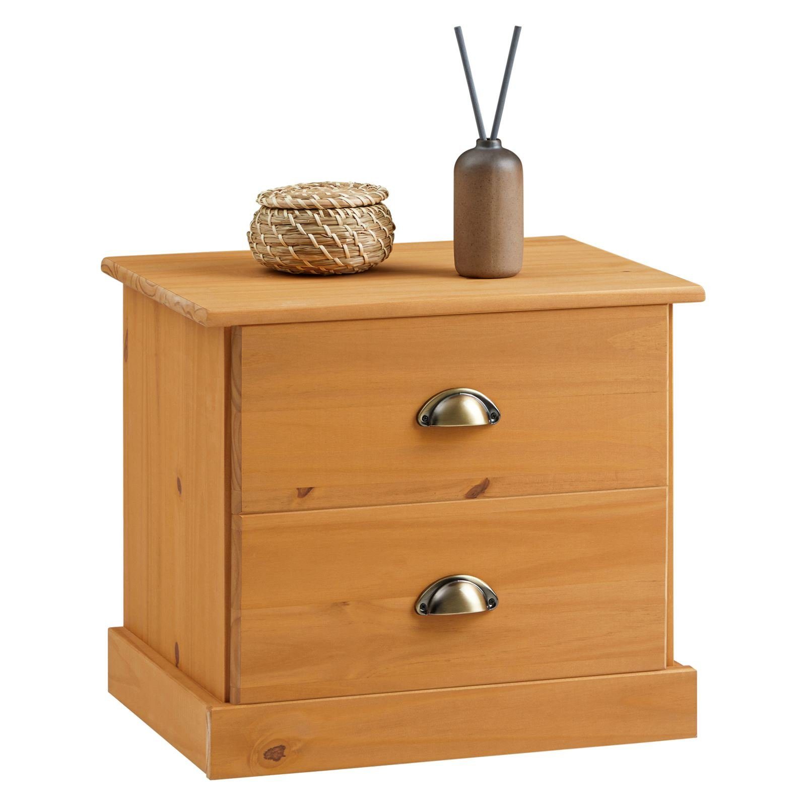 IDIMEX Nachtkommode PARIS, Nachttisch mit 2 Schubladen Massivholz Muschelgriffe Landhaus Braun