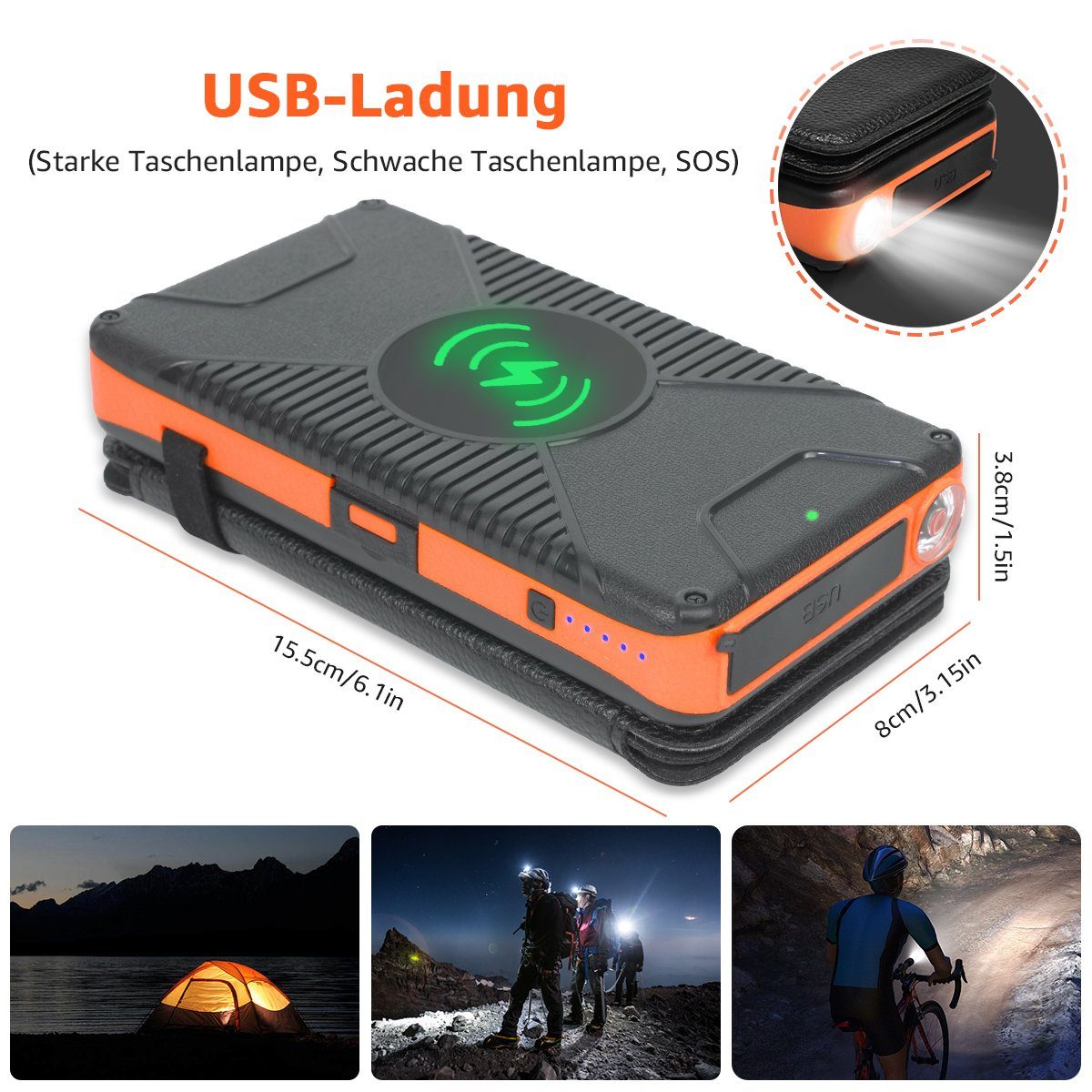 Kamera bank, 28W Powerbank Kabelloses für 3 Mit Bank Phone, Orange Modi) - PD USB/Typ Ladegerät, mAh Power mit Tragbares mit 7Magic (3 Solar Power Laden C-Ausgängen Solar 26800 26800 Solar mAh, Camping-LED-Lampe