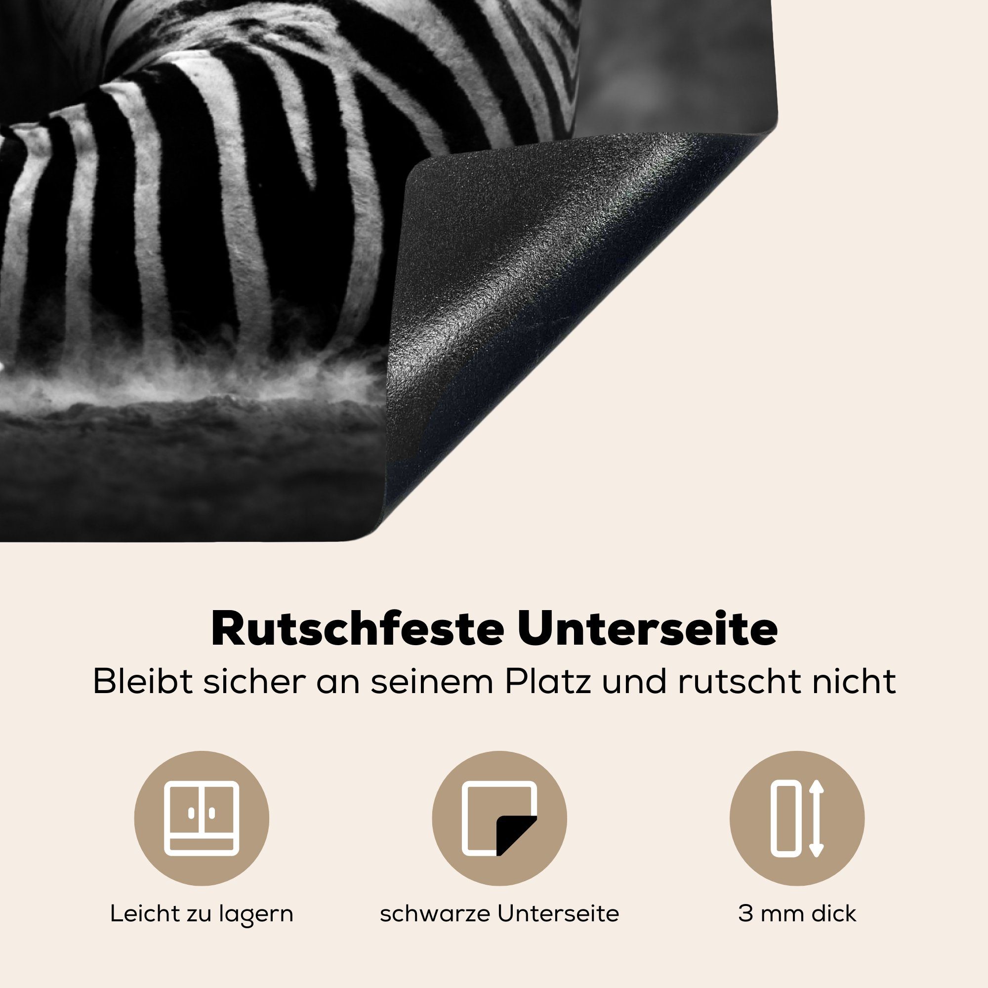 MuchoWow Herdblende-/Abdeckplatte - cm, 77x51 Zebra Tiere Ceranfeldabdeckung, - Vinyl, tlg), (1 Schwarz Arbeitsplatte Weiß, - für küche