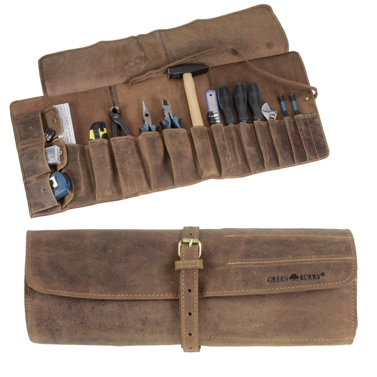 Werkzeugrolle, Fächer, Greenburry 13 Rolltasche, Antikleder Vintage, Werkzeugtasche