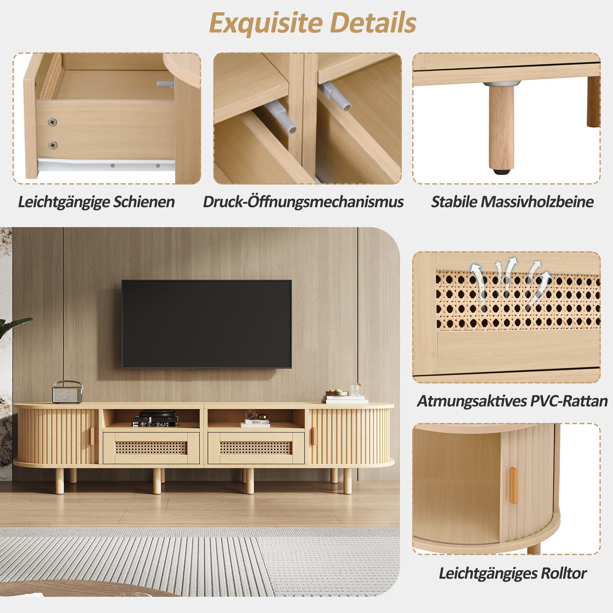 Merax Lowboard Retro-Modernes TV-Board in Walnuss/Natur (1 St., Fernsehtisch Ovales Lowboard), TV-Schrank mit 2 Rattan-Schubladen, 2 Schiebetüren & 8 stabilen B – Bild 5 von 5