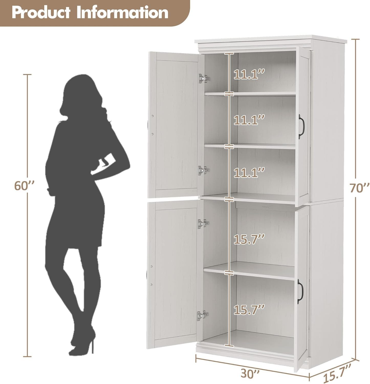 GarveeMore Mehrzweckschrank mit Türen und verstellbaren Regalen,178cm Vorratsschrank Hochschrank für Badezimmer,Esszimmer,Wohnzimmer