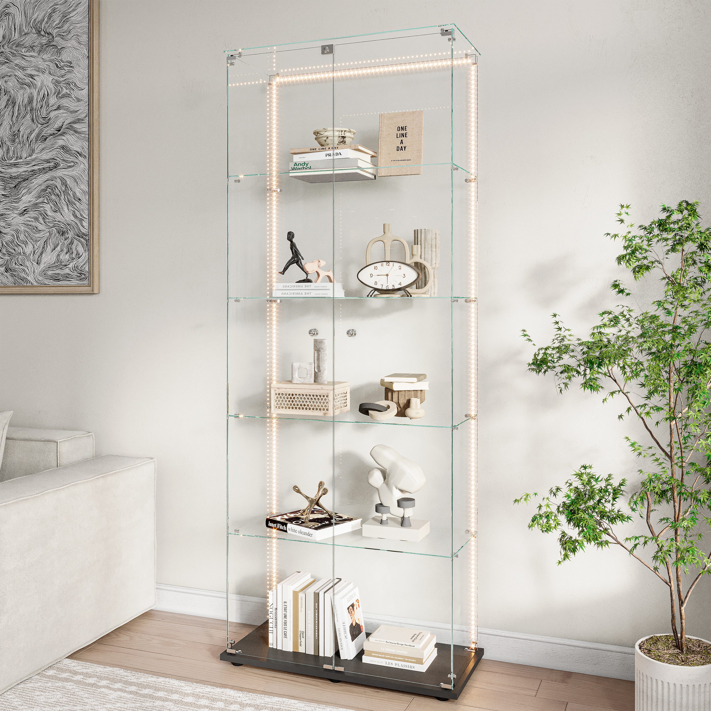 BELUPAI Glasvitrine Standvitrine 5 Lagen Vitrinenschrank (Set, 1-St., Glas Vitrine mit 2 Glastür und Schloss, LED-Lichtleiste) für Sammlerstücke Bücher Figuren Modelle, 78.5 x 34.5 x 186.5 cm