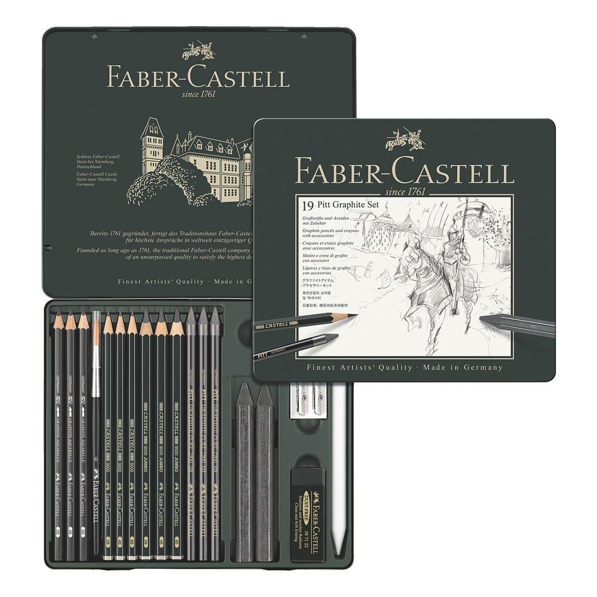 Bleistift (19-tlg), Grafitkreiden Graphite PITT Metalletui Set, im und Zubehör, Grafitstifte mit Faber-Castell