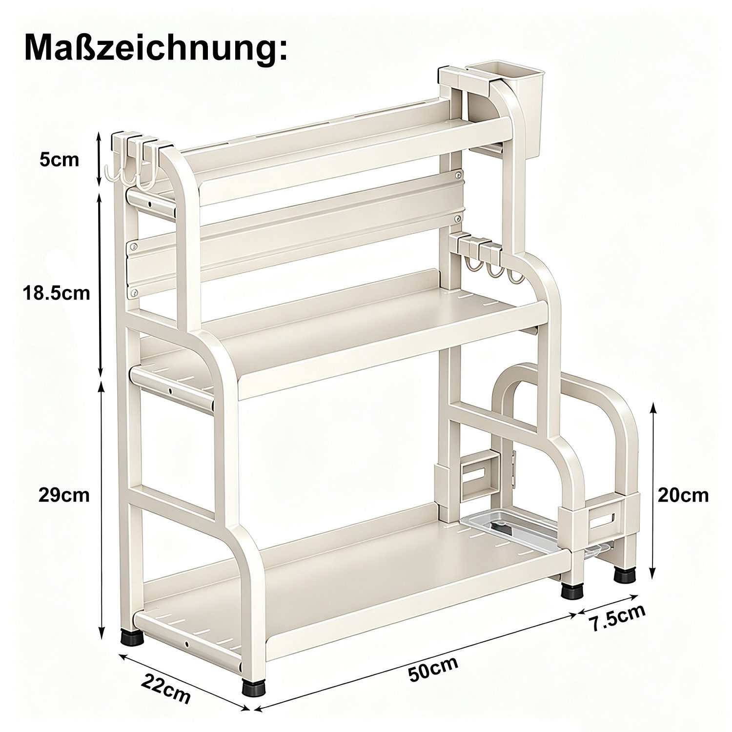 devesanter Gewürzregal Dreistöckiges Küchen-Gewürzregal mit 6 Haken, 57,5x22x52,5cm, 1-tlg., multifunktionaler Küchenorganizer in weiß aus Metall – Bild 2 von 5