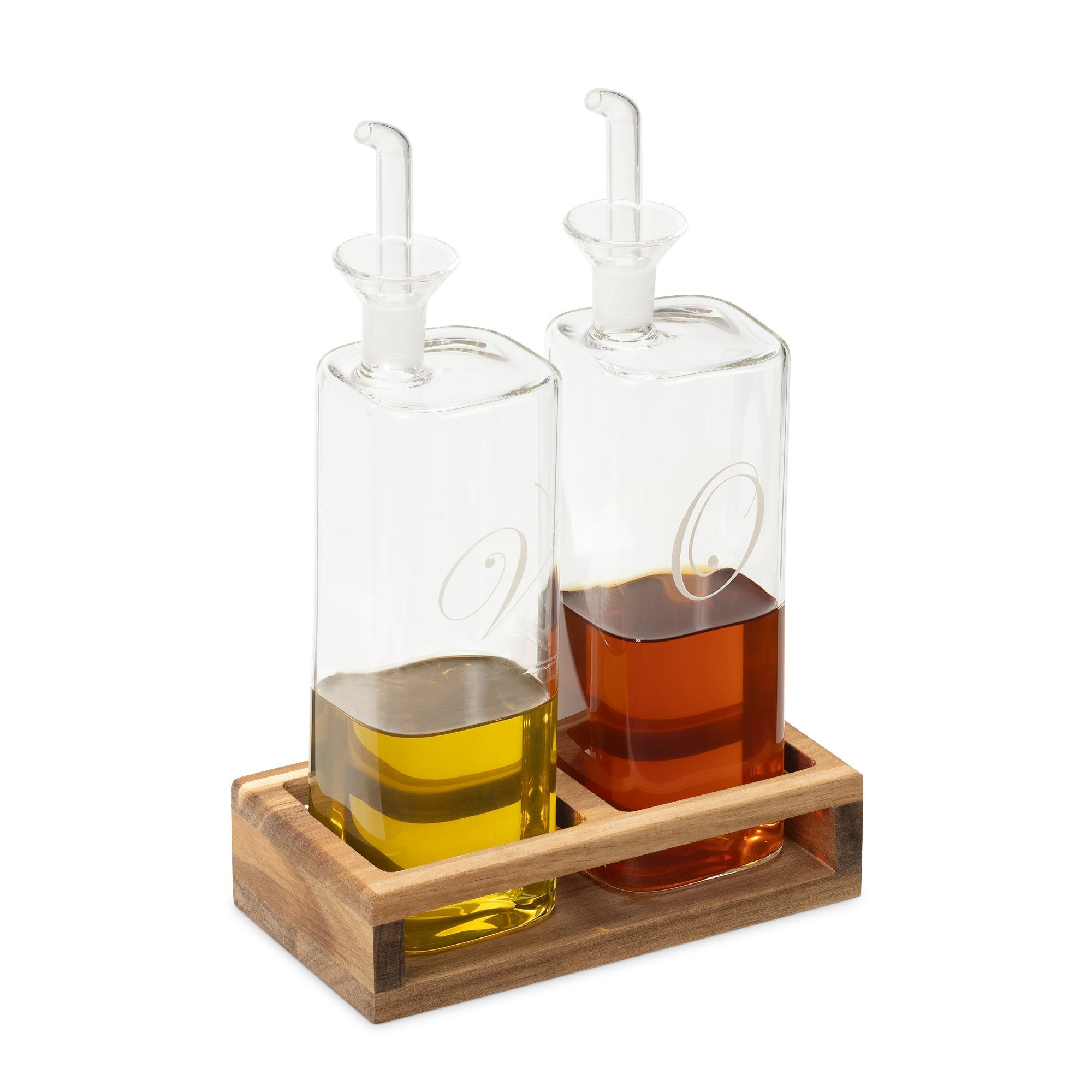 Kanne 2er Set Öl- und Essigspender aus Glas mit Holzständer - 220ml