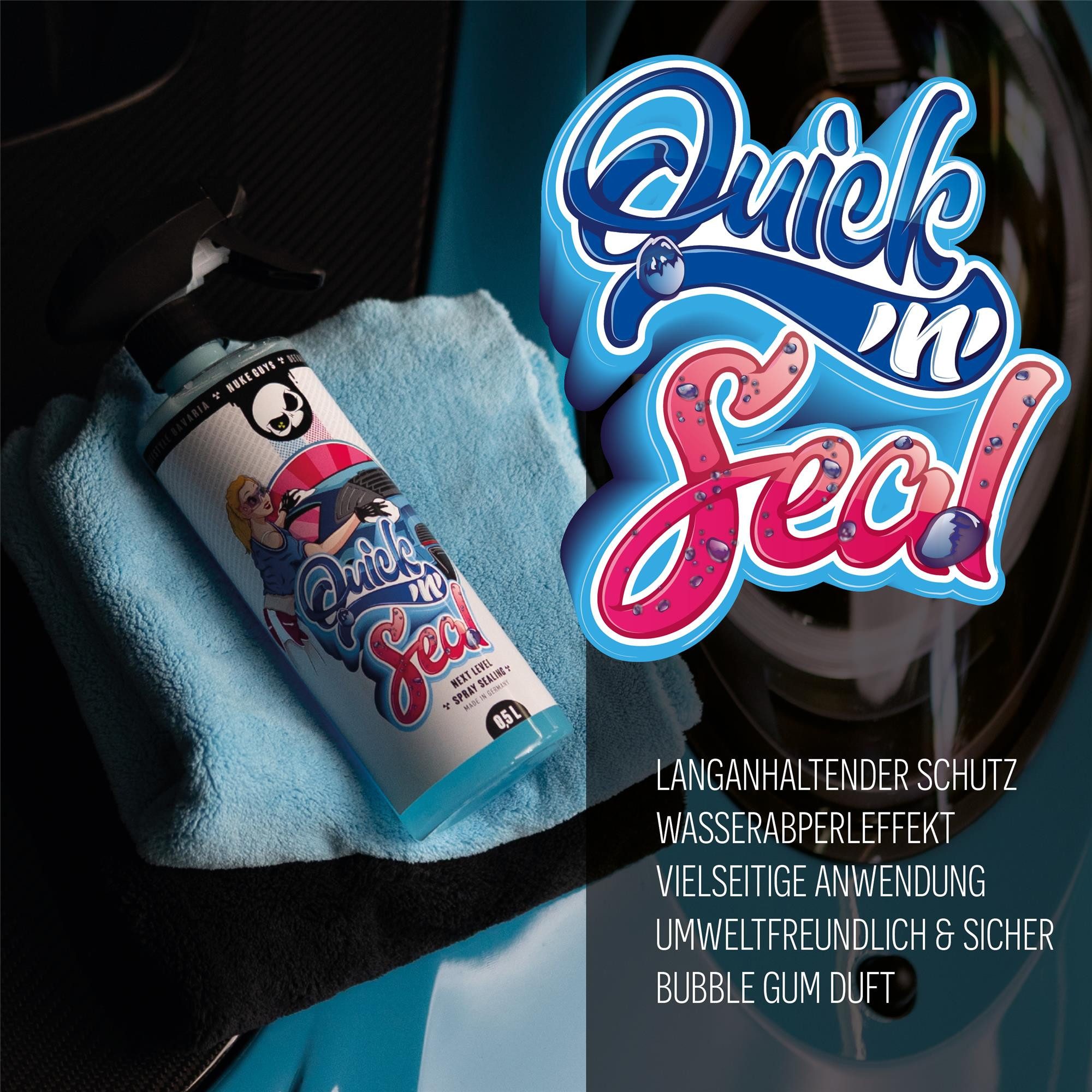 Nuke Guys Auto Lackversiegelung Set Nuke Guys Quick'n'Seal 500ml + 2x Poliertuch Felgenversiegelung (3 St), Sprühversiegelung für Scheibe, Lack, Felgen