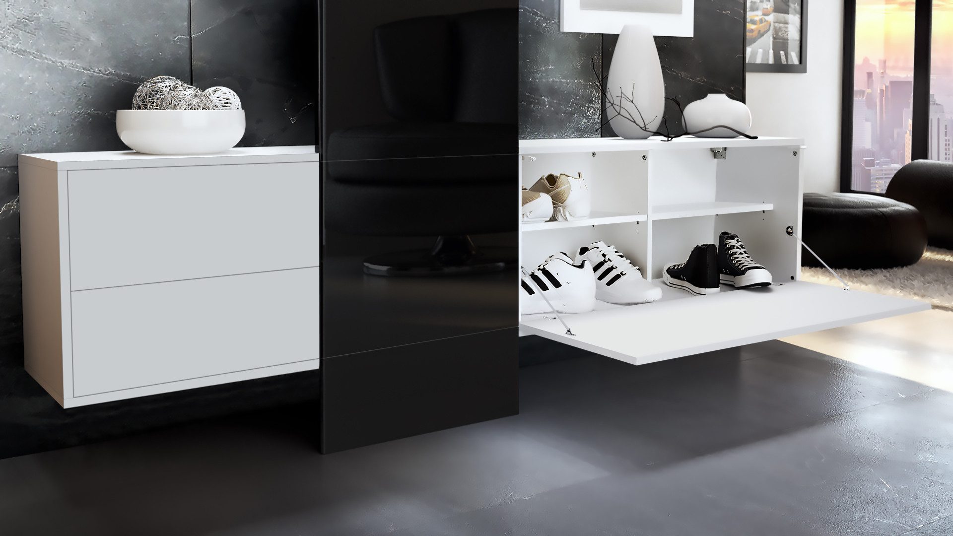 Vladon Garderoben-Set DualVista, (Garderoben-Set, bestehend aus 1 Garderobenpaneel, 2 Schrank Elementen und 2 Spiegel), Weiß matt/Weiß Hochglanz