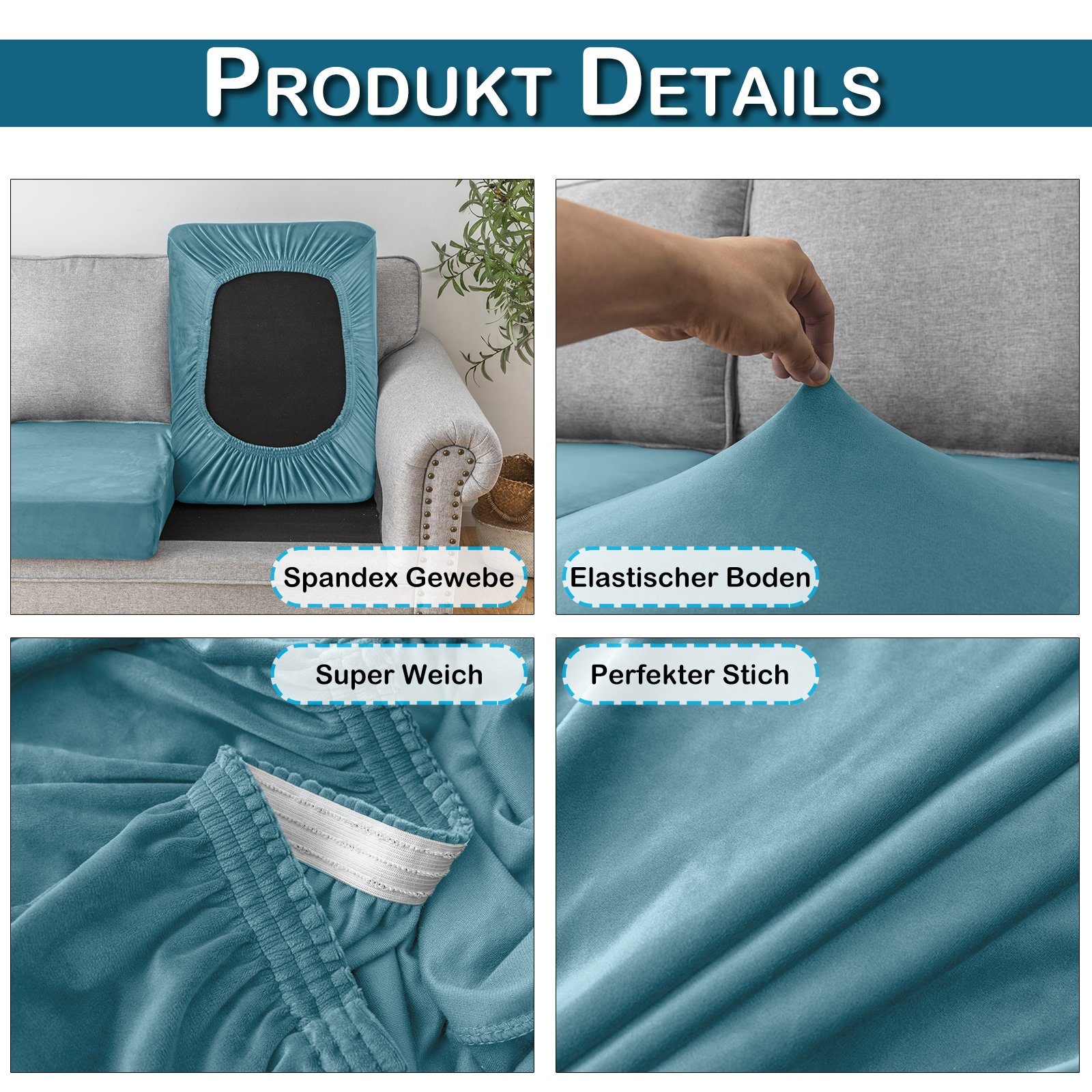 Samt, Stretch, Sofahusse Blau mit Rosnek für Sofa, elastischer Unterseite,