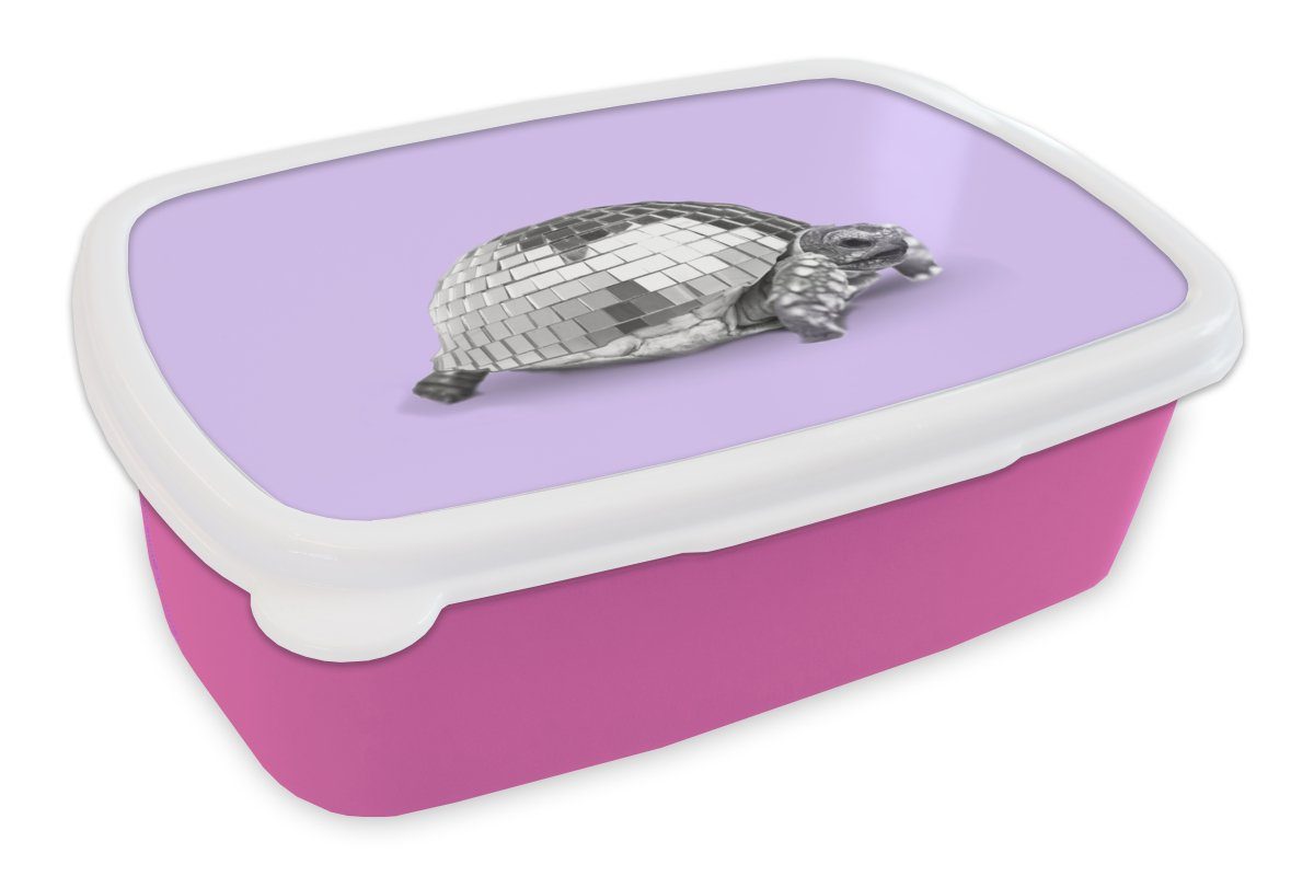 MuchoWow Lunchbox Schildkröte - Discokugel - Disco - Tier - Lila, Kunststoff, (2-tlg), Brotbox für Erwachsene, Brotdose Kinder, Snackbox, Mädchen, Kunststoff rosa