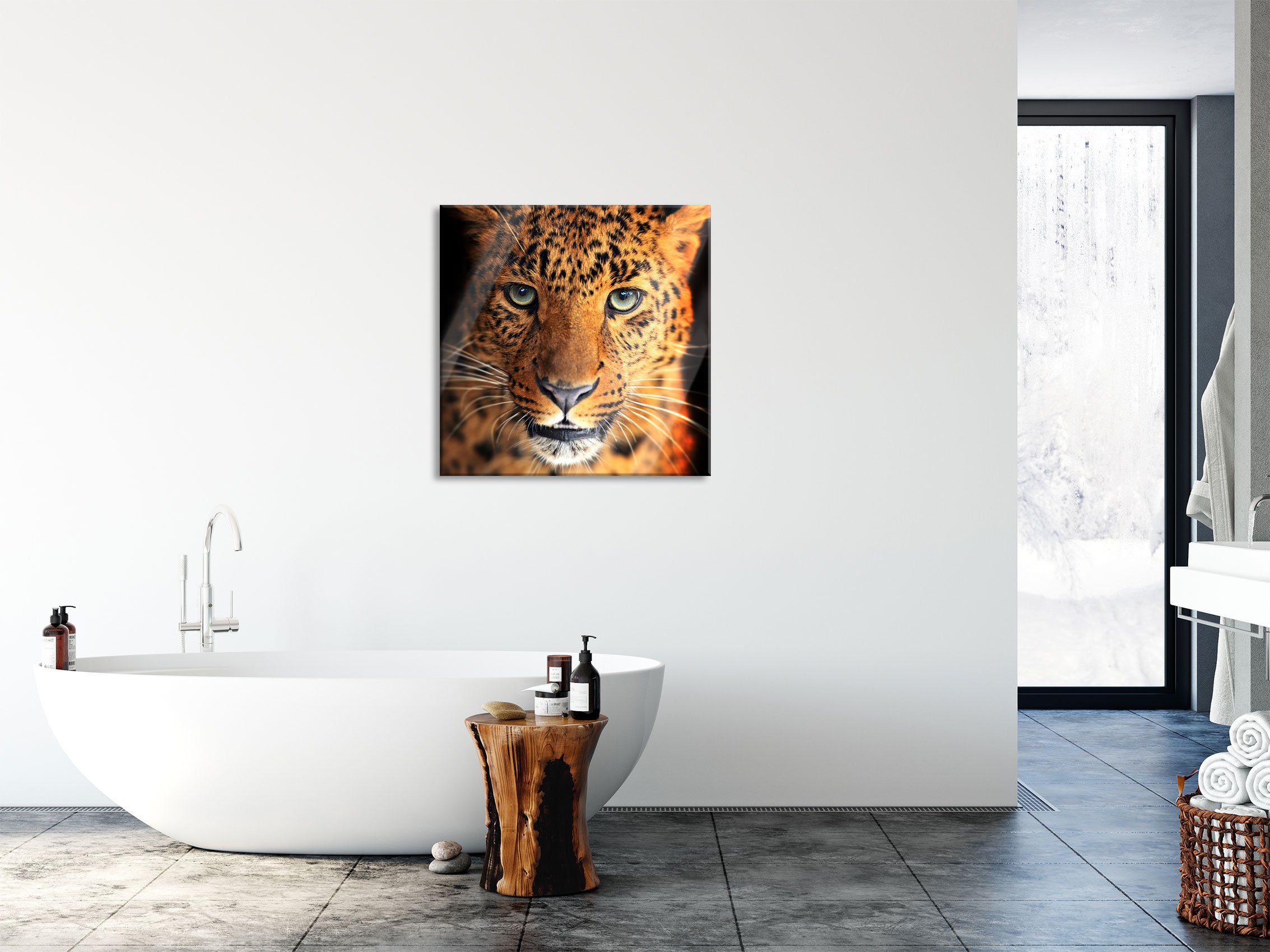 Pixxprint Glasbild Stolzer Leopard, Stolzer Abstandshalter und Echtglas, inkl. St), Leopard Glasbild Aufhängungen aus (1