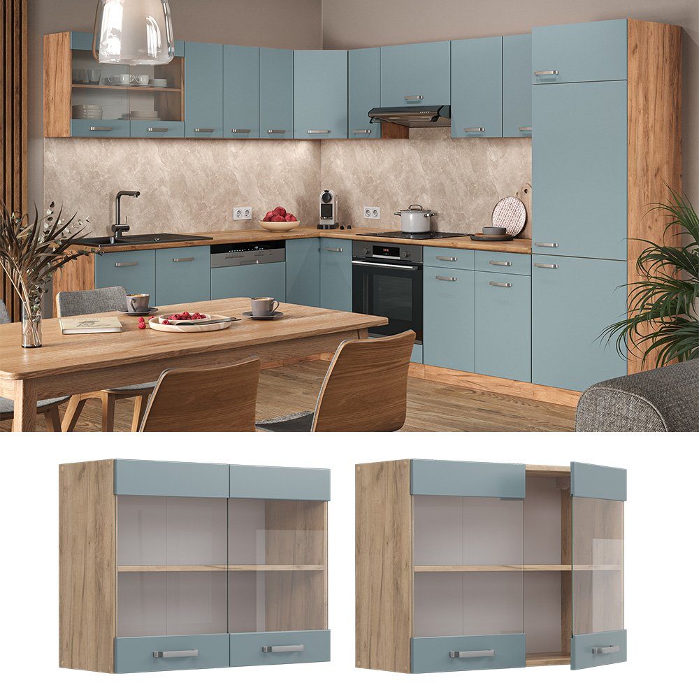 Vicco Glashängeschrank R-Line, Blau-Grau/Goldkraft Eiche, 80 günstig online kaufen