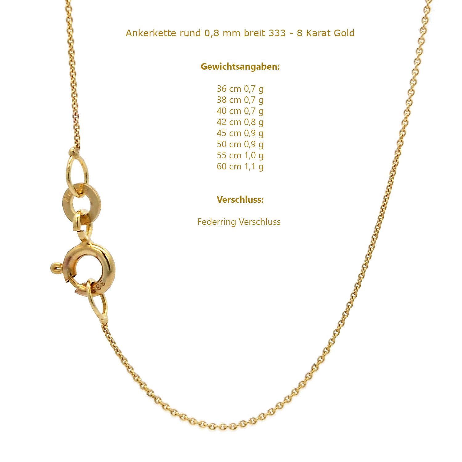 HOPLO Goldkette Goldkette Ankerkette rund 333 - 8 Karat Gold 0,8 mm - 36 cm günstig online kaufen