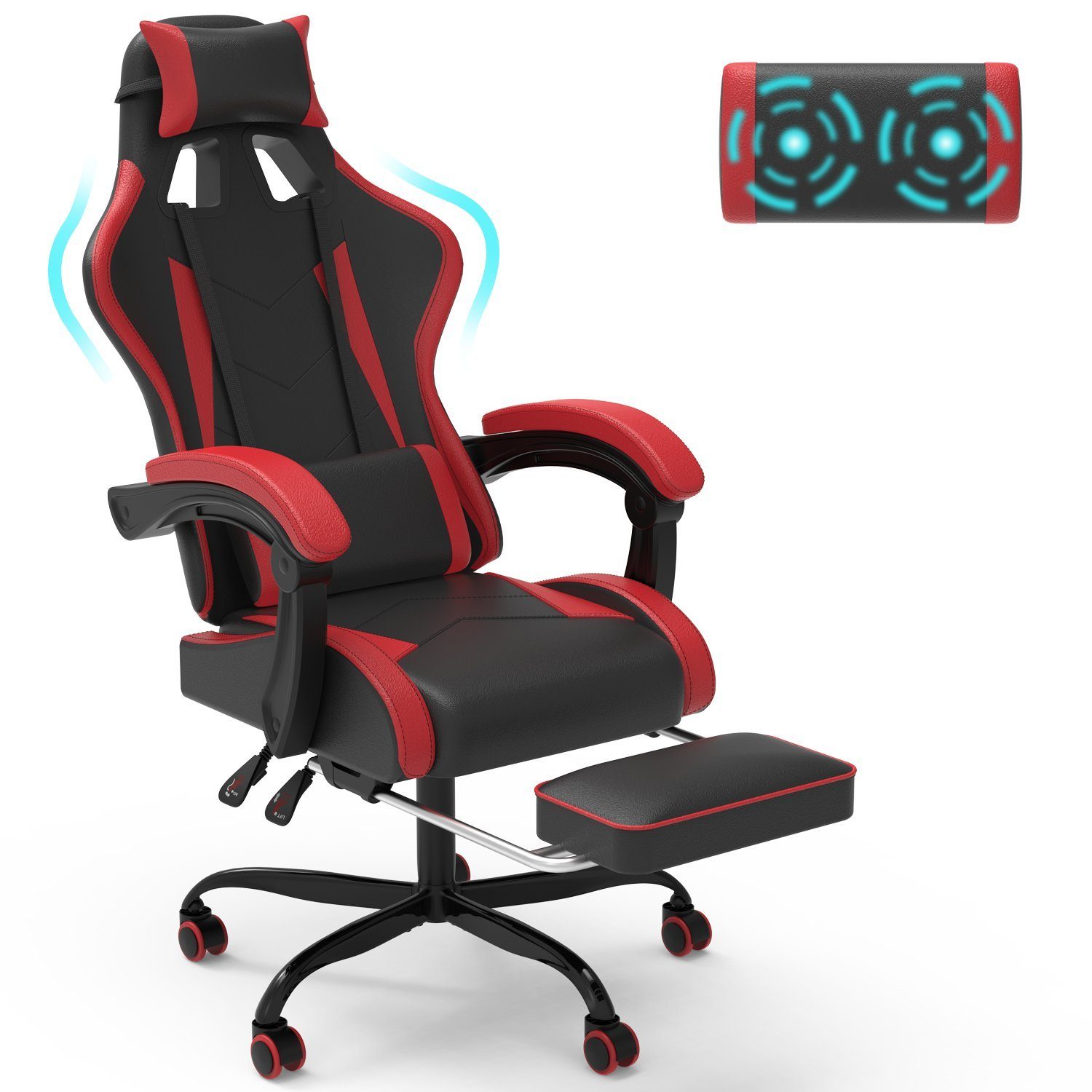 GUNJI Gaming Chair Massage Stuhl einstellbar Rot Rückenlehne Gaming 90-135° Fußstütze, mit