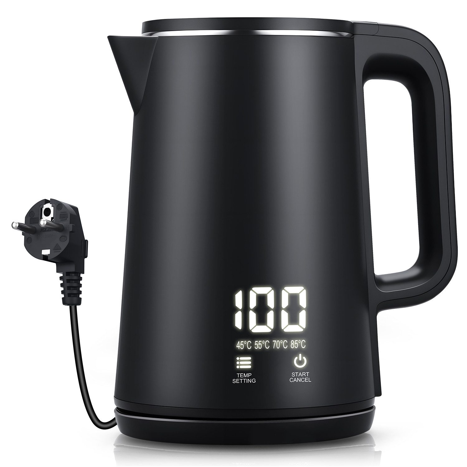 JVJH Wasserkocher 304 Edelstahl,1.8L,mit 5 Temperaturregler,Wasserkocher Doppelwandig, 1500 W, 1500W, BPA Frei,LCD Digitale(45-100°C)