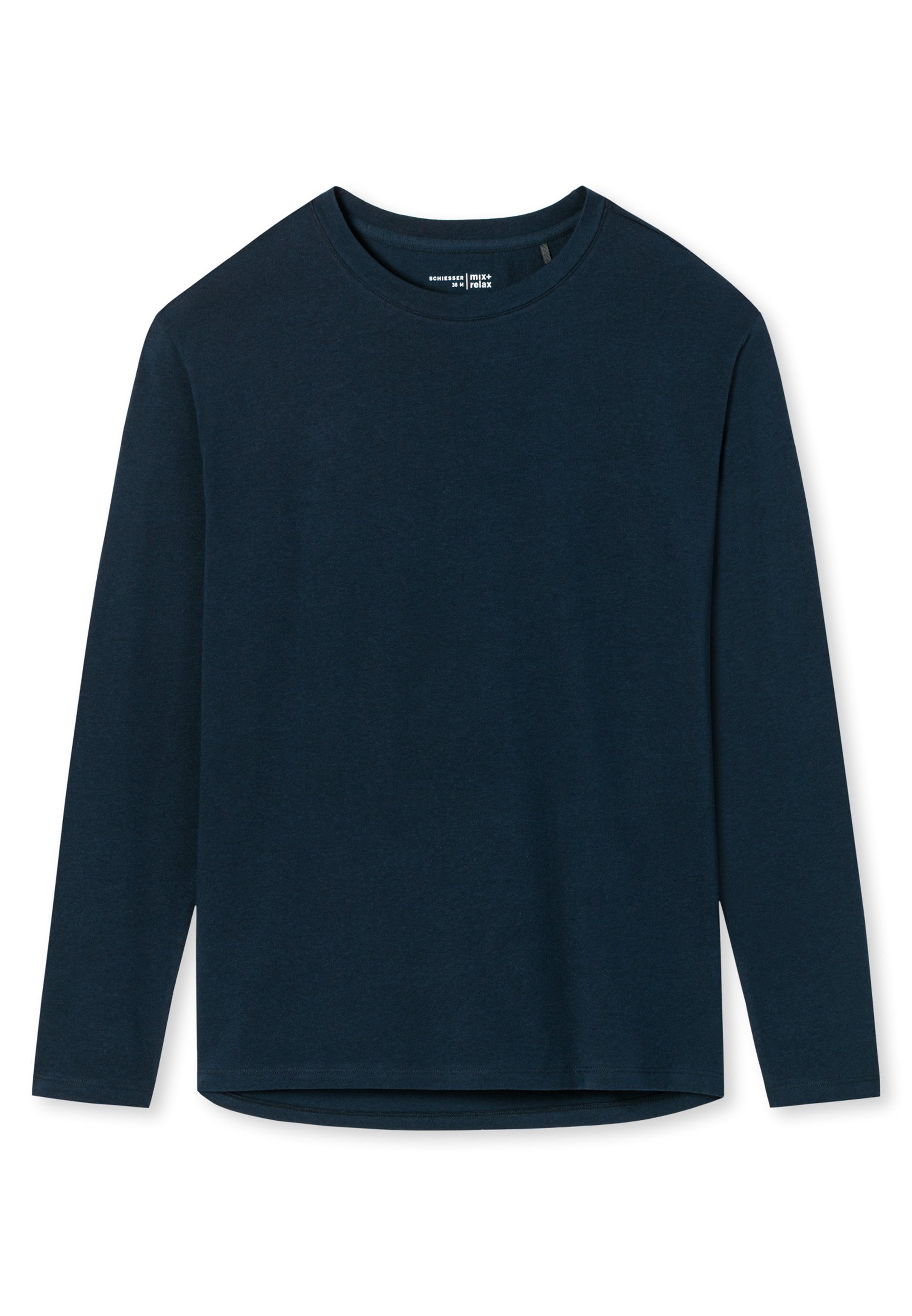 Schiesser Pyjamaoberteil Mix Shirt Relax - (1-tlg) Dunkelblau Baumwolle langarm & Schlafanzug Organic Cotton 