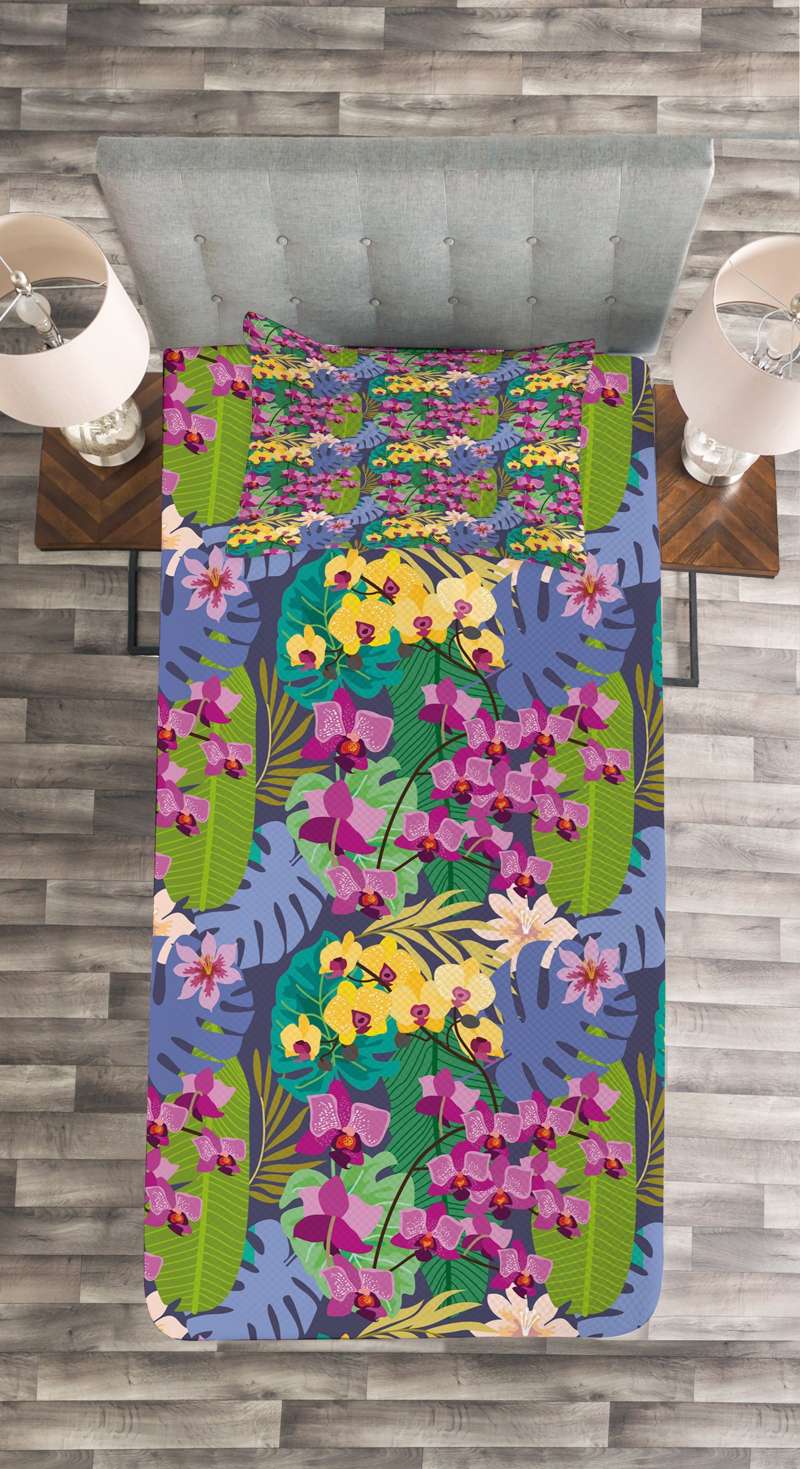 Tagesdecke Set mit Kissenbezügen Waschbar, Blumen Abakuhaus, Blätter Botanische Blüten Orchideen