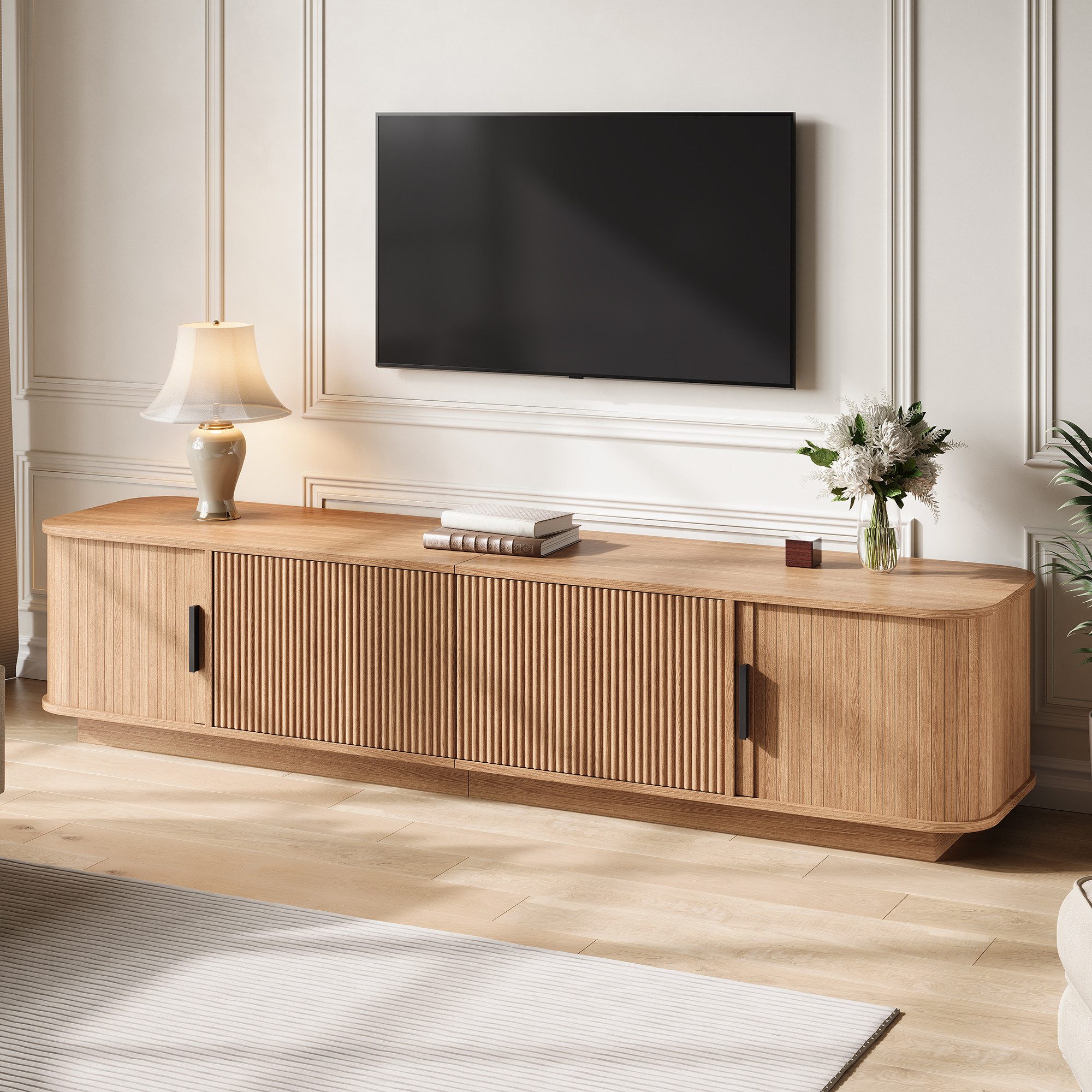BlingBin TV-Schrank 180x40x40 cm TV-Lowboard Fernsehschrank mit LED-Beleuchtung (2 Packung, 1-St., 2 Schubladen und 2 Schiebetüren,Staufächern,geriffelter Front) Abgerundetes Seiten,Platzsparenden,Modern Retro