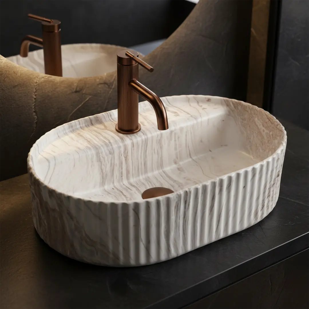 wohnwerk.idee Aufsatzwaschbecken Waschbecken oval geriffelt Keramik Design Waschtisch 50/60 cm – Bild 5 von 5