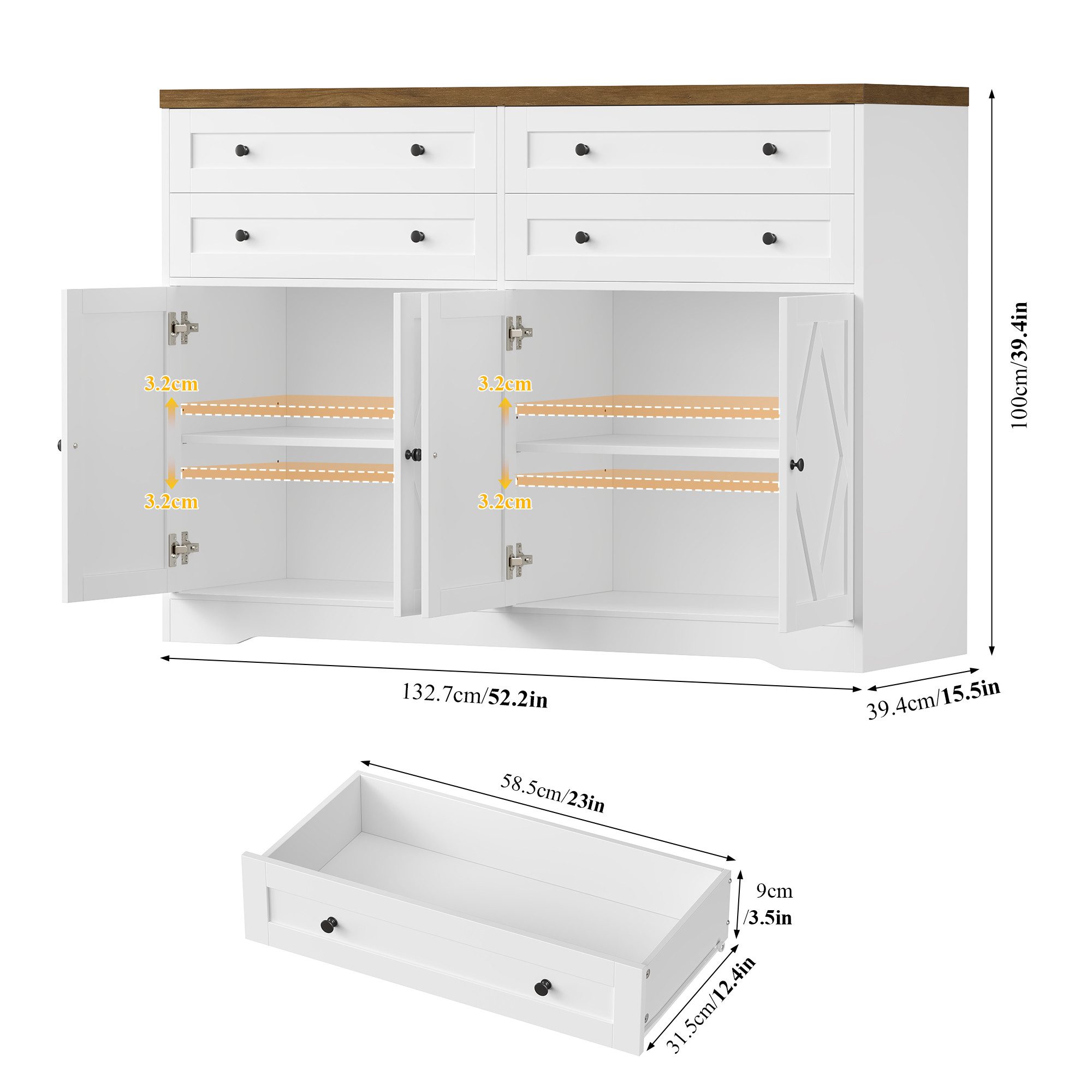 HOMECHO Sideboard, 132,7 cm Breit Küchenschrank mit 4 Schubladen 4 Türen