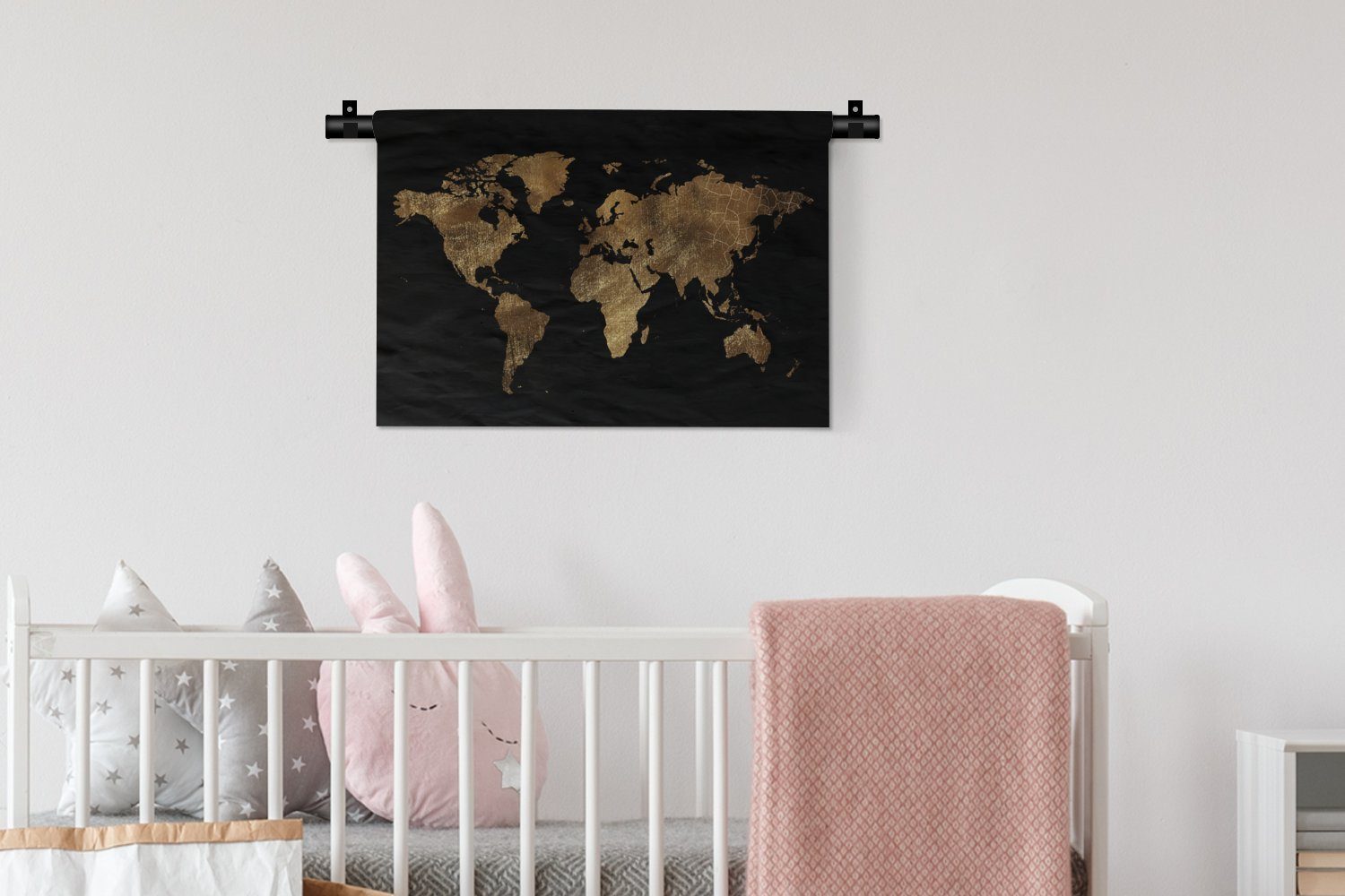 - Kinderzimmer Wanddeko Gold Weltkarte - Wandbehang, Wohnzimmer, Wanddekoobjekt Schwarz, - Luxus MuchoWow Erde Schlafzimmer, Kleid, für -