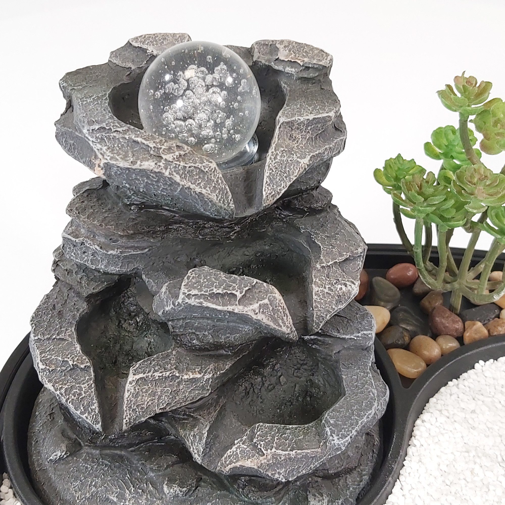 Lemodo Zimmerbrunnen Tischbrunnen mit Zen-Garten, Pumpe mit LED-Beleuchtung