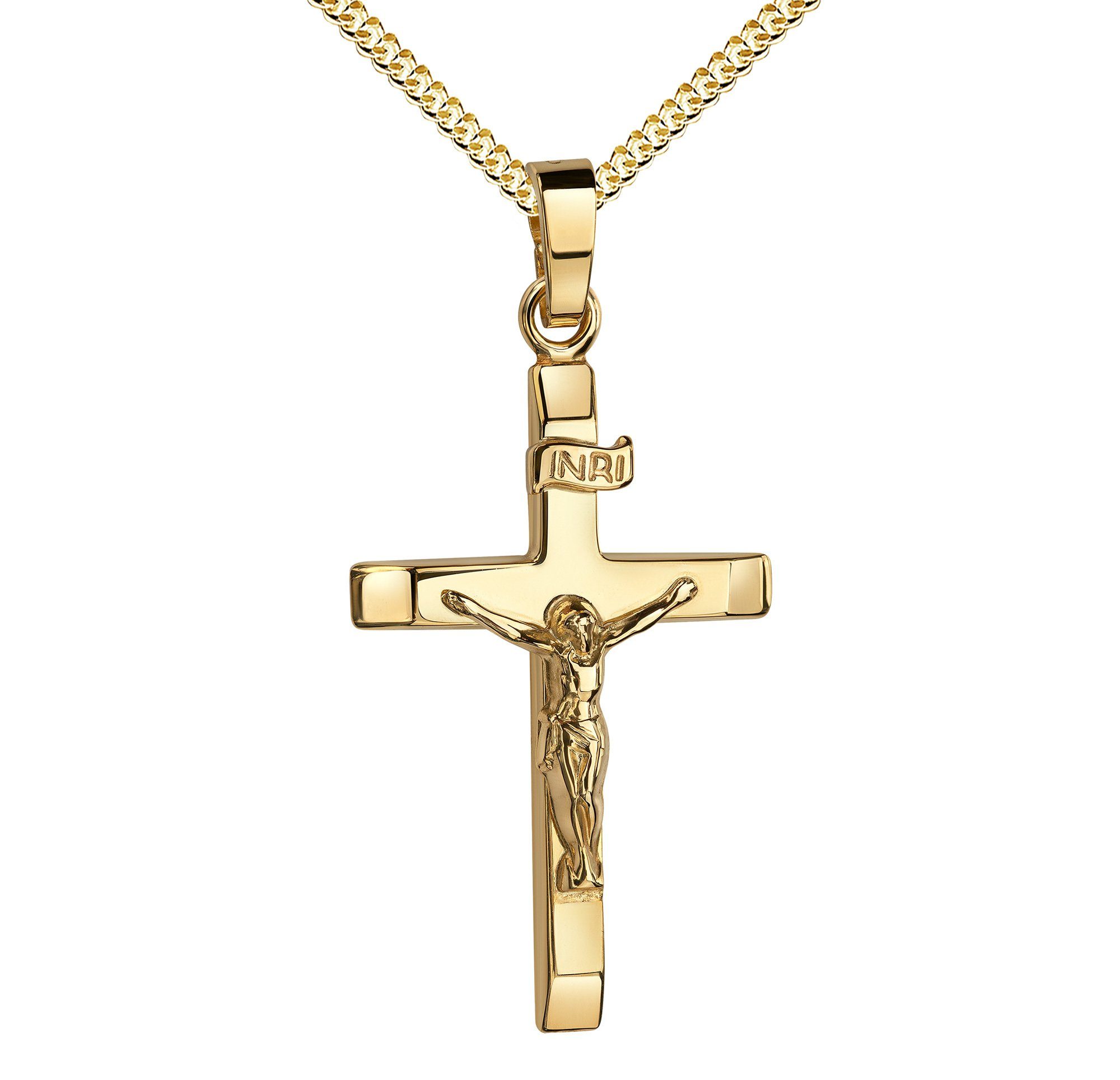 JEVELION Kreuzkette Kruzifix Kreuz Anhänger 585 Gold (Goldanhänger, für Damen und Herren), Mit Panzerkette vergoldet- Длина wählbar 36 - 70 cm.