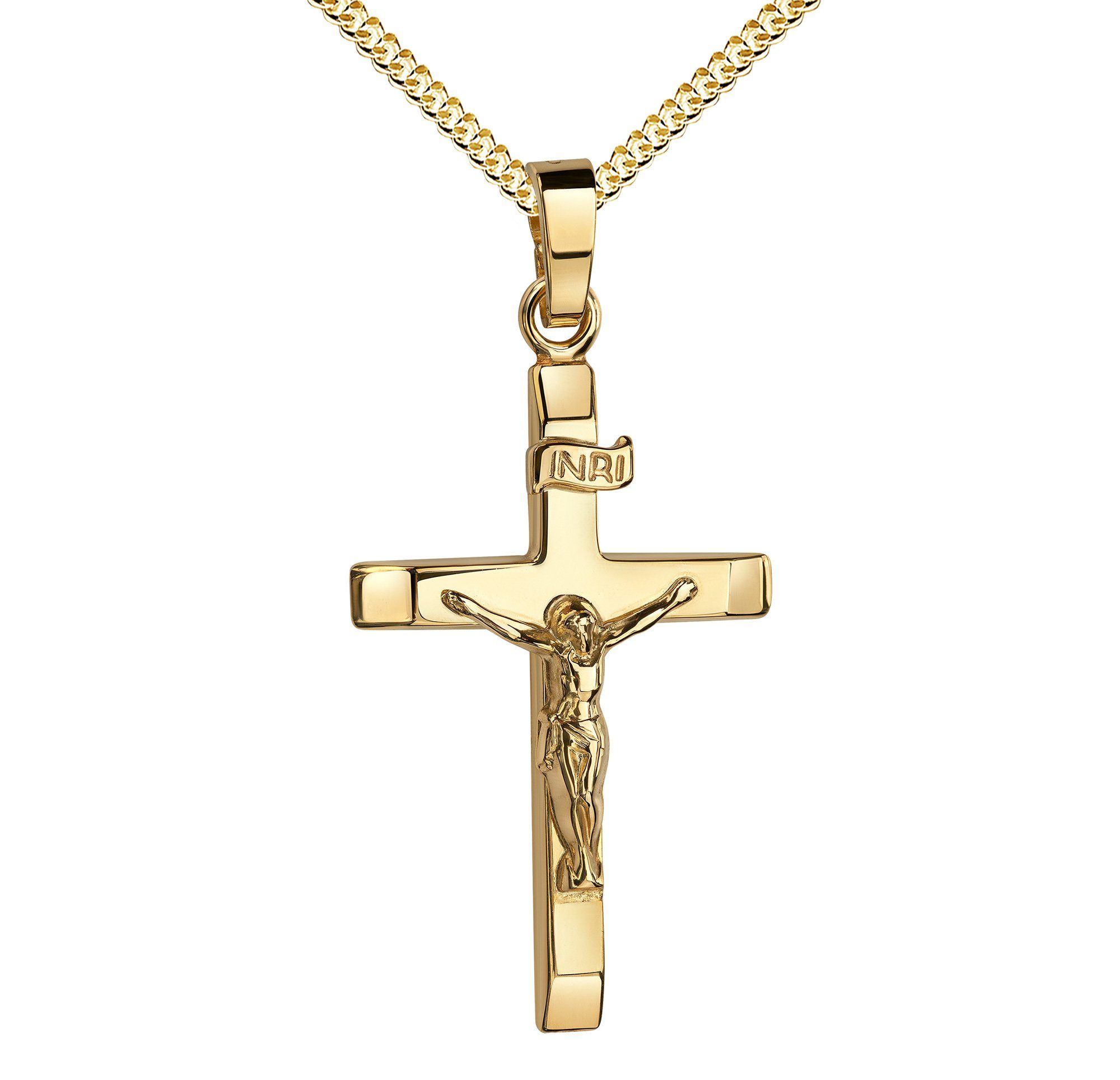 JEVELION Kreuzkette Kruzifix Kreuz Anhänger 585 Gold (Goldanhänger, für  Damen und Herren), Mit Panzerkette vergoldet- Länge wählbar 36 - 70 cm.