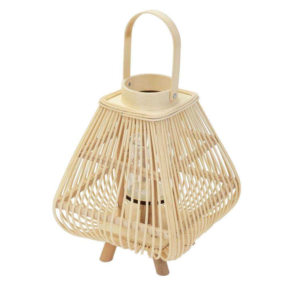 ECD Germany Kerzenlaterne Boho Bambus Laterne Windlicht Holzfarbe Gartenlaterne Kerzenhalter, Deko Laterne H:45,5cm mit Henkel & Glaseinsatz für Terrasse Wohnzimmer