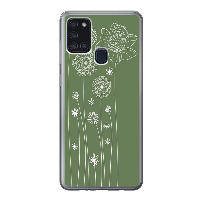 MuchoWow Handyhülle Illustration eines Blumenmusters in Grün Handyhülle Samsung Galaxy A21s Smartphone-Bumper Print Handy