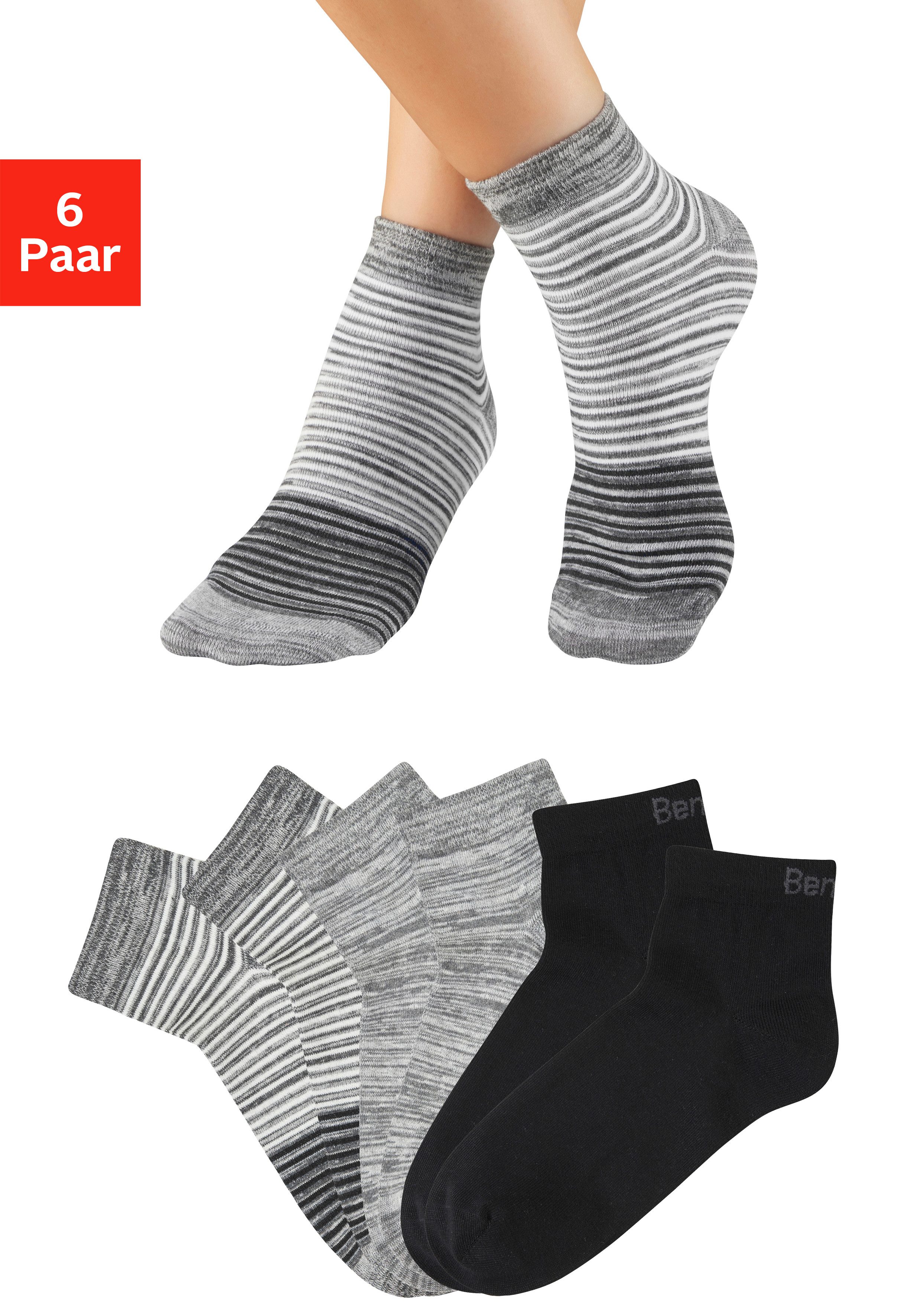 Bench. Kurzsocken Damen und Herren meliert und uni (Packung, 6-Paar, Gr. 35-38 bis 43-46) mit ansprechendem Streifen- Design und uni