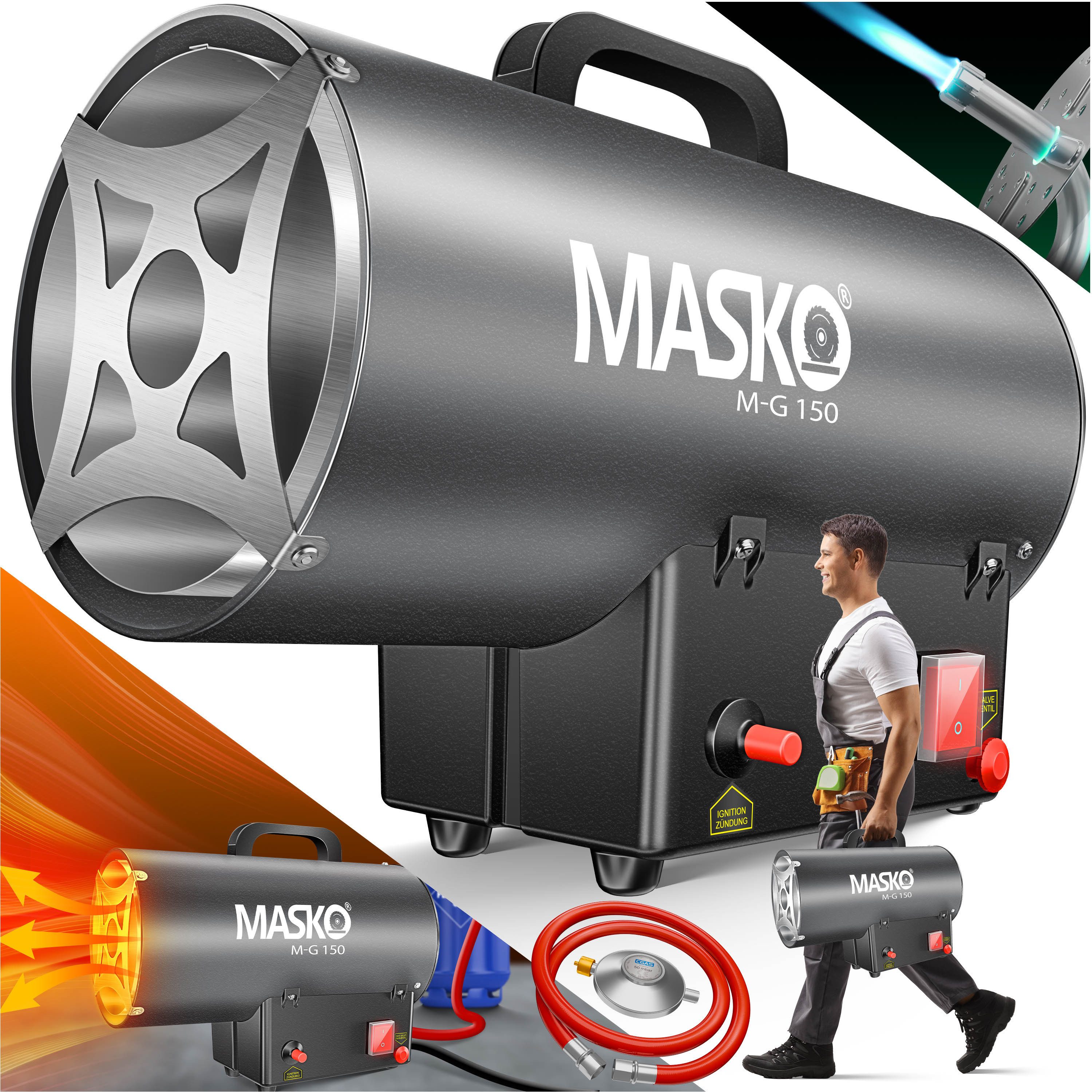 MASKO Heizgerät gasbetrieben inkl. Gasschlauch & Druckminderer Anschluss zu Gasflasche, 15000 W, Gas Heizlüfter mit Turbo Ventilator, Gasheizer Piezo-Zündung