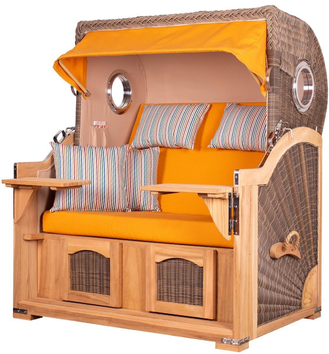 bene living Strandkorb Ammersee Grande XL Teak - PE grau - Modell 586, BxTxH: 142x95x165 cm, Volllieger ca. 175 Grad, Ostsee-Strandkorb Komplettset, inkl. Liftersystem und Bullaugen