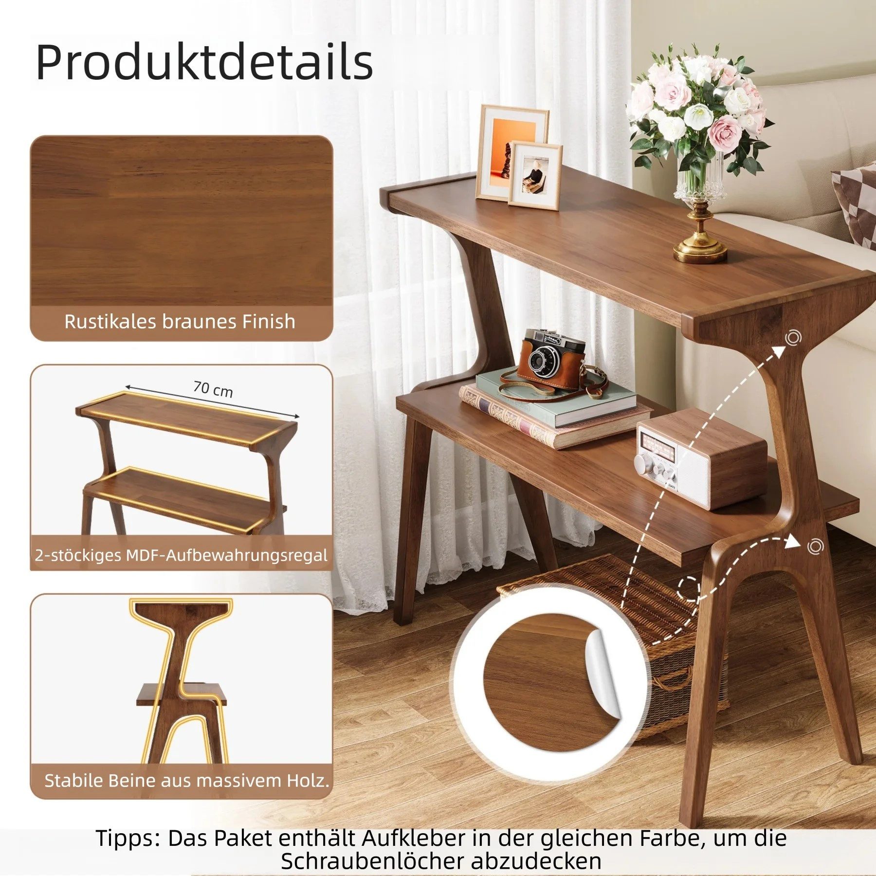 Tribesigns Beistelltisch 2-tier Sofatisch mit Massivholzbeinen, Beistelltisch mit Ablagefläche (1 x Beistelltisch - 1 x Zubehörpaket - 1 x Anleitung), schlanker Sofa-Beistelltisch mit Massivholzbeinen Bauernhaus