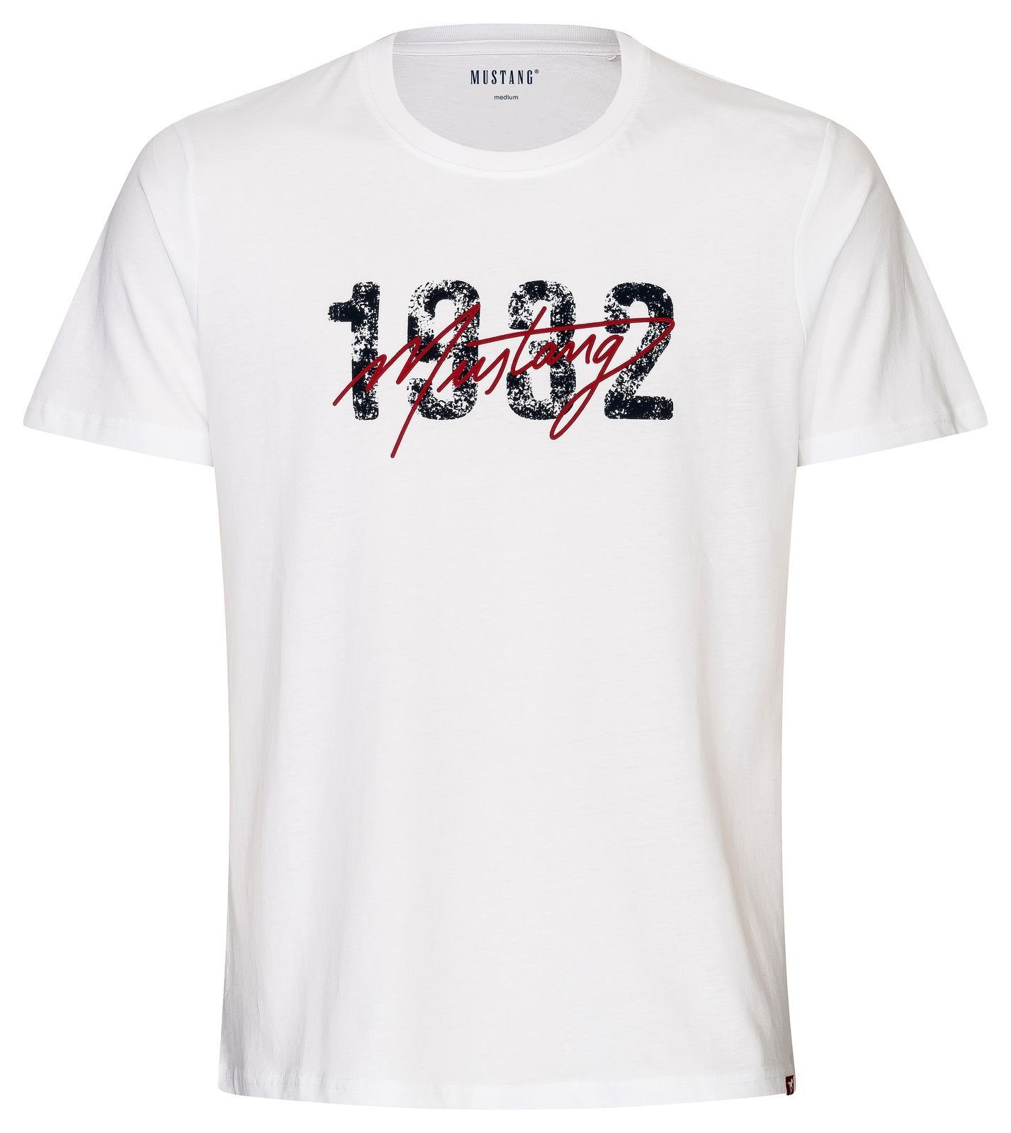 MUSTANG T-Shirt Lounge Shirt Hemd T-Shirt rotem Kontraststreifen und Mustangbranding weiß