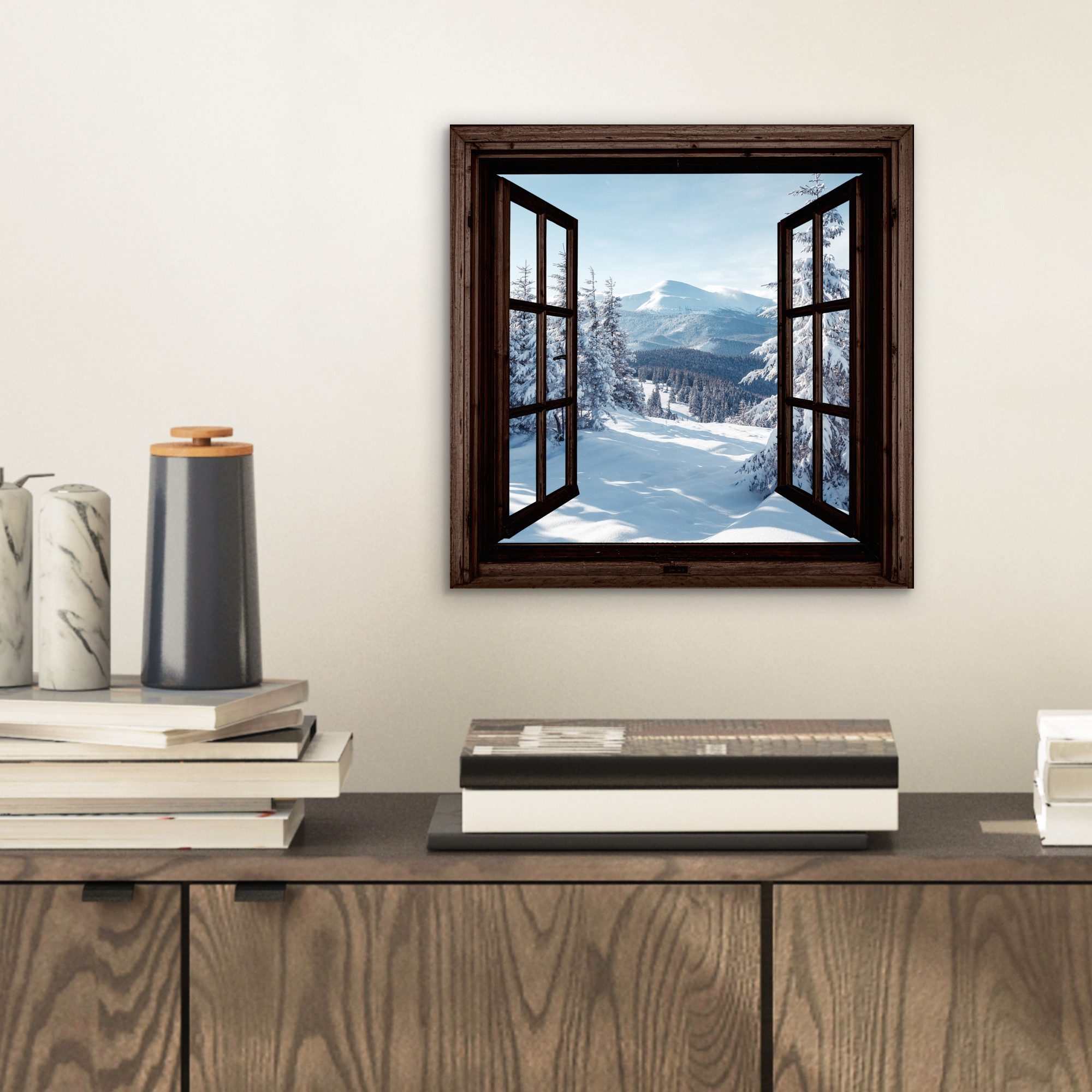 MuchoWow Metallbild Winter - Landschaft - Natur - Berg - Bäume - Aussicht - Ansichten, Inkl. Aufhängung, Alu-Dibond-Druck, Wandbild aus Metall, Aluminium deko,  – Bild 2 von 5