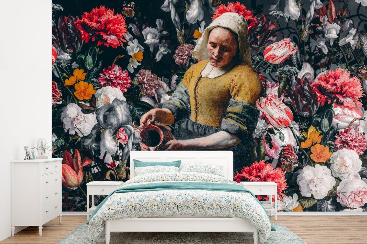 MuchoWow Fototapete Milchmädchen - Johannes Vermeer - Blumen, Matt, bedruckt, (6 St), Wallpaper für Wohnzimmer, Schlafzimmer, Kinderzimmer, Vinyl Tapete | Fototapeten
