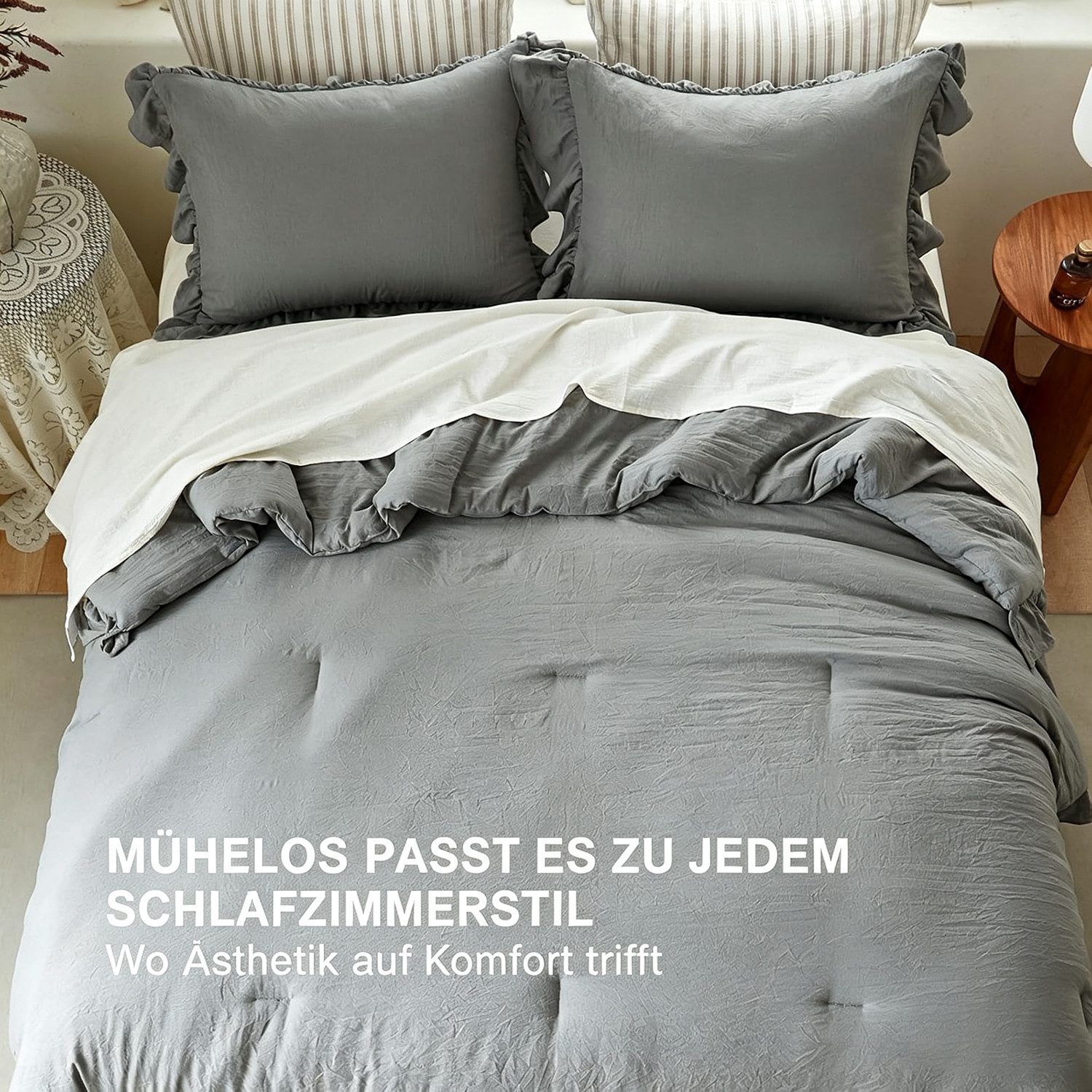 wohnTRAUM24 Bettwäsche Bettwäsche-Set mit Rüschen 135x200 200x200, weich, Shabby-Chic, leicht, Rüschen, 2 teilig, flauschig, für alle Jahreszeiten