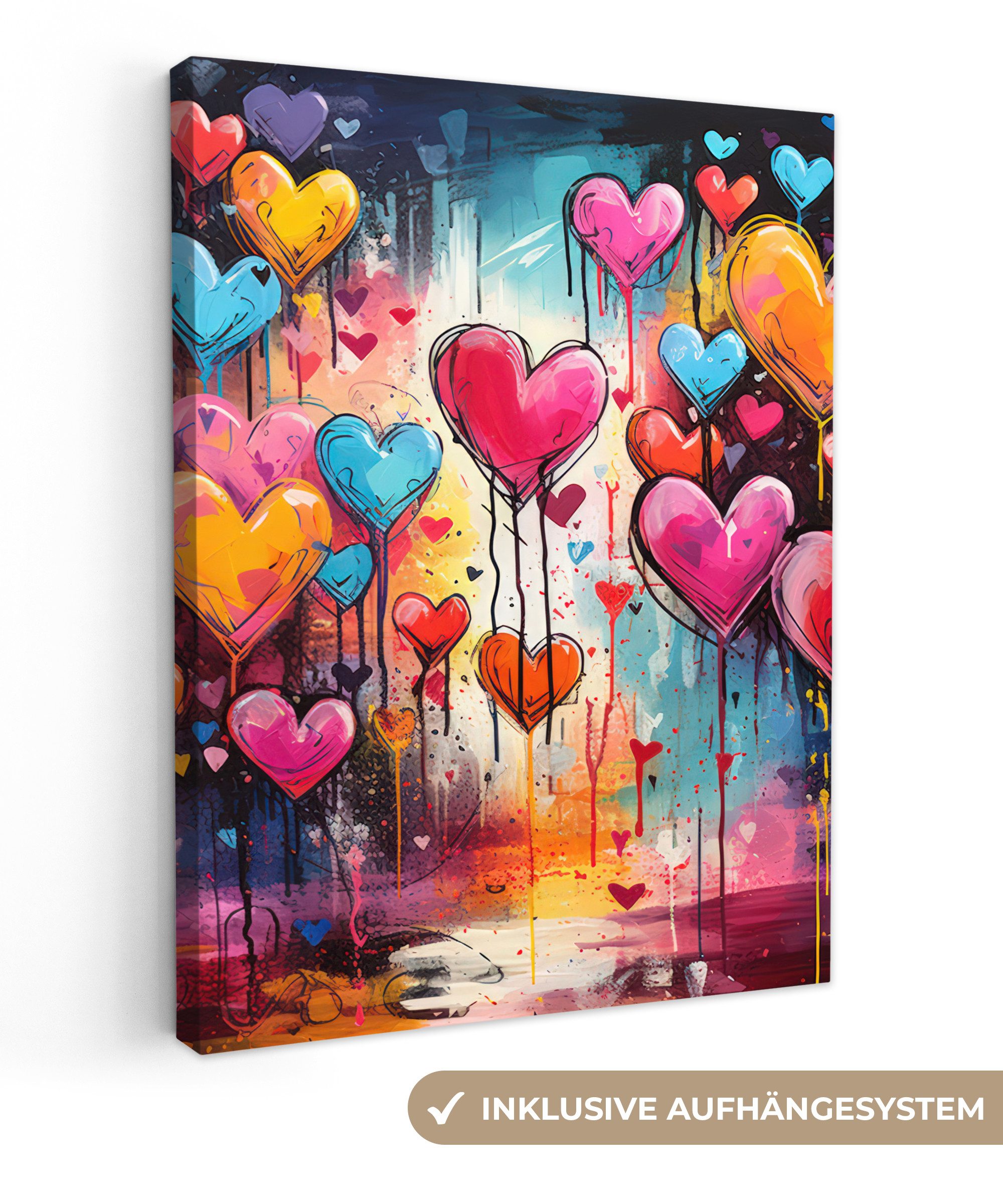 OneMillionCanvasses® Leinwandbild Herzen - Farben - Kunst - Liebe, (1 St), Leinwand Bilder für Wohnzimmer Schlafzimmer 30x40 cm