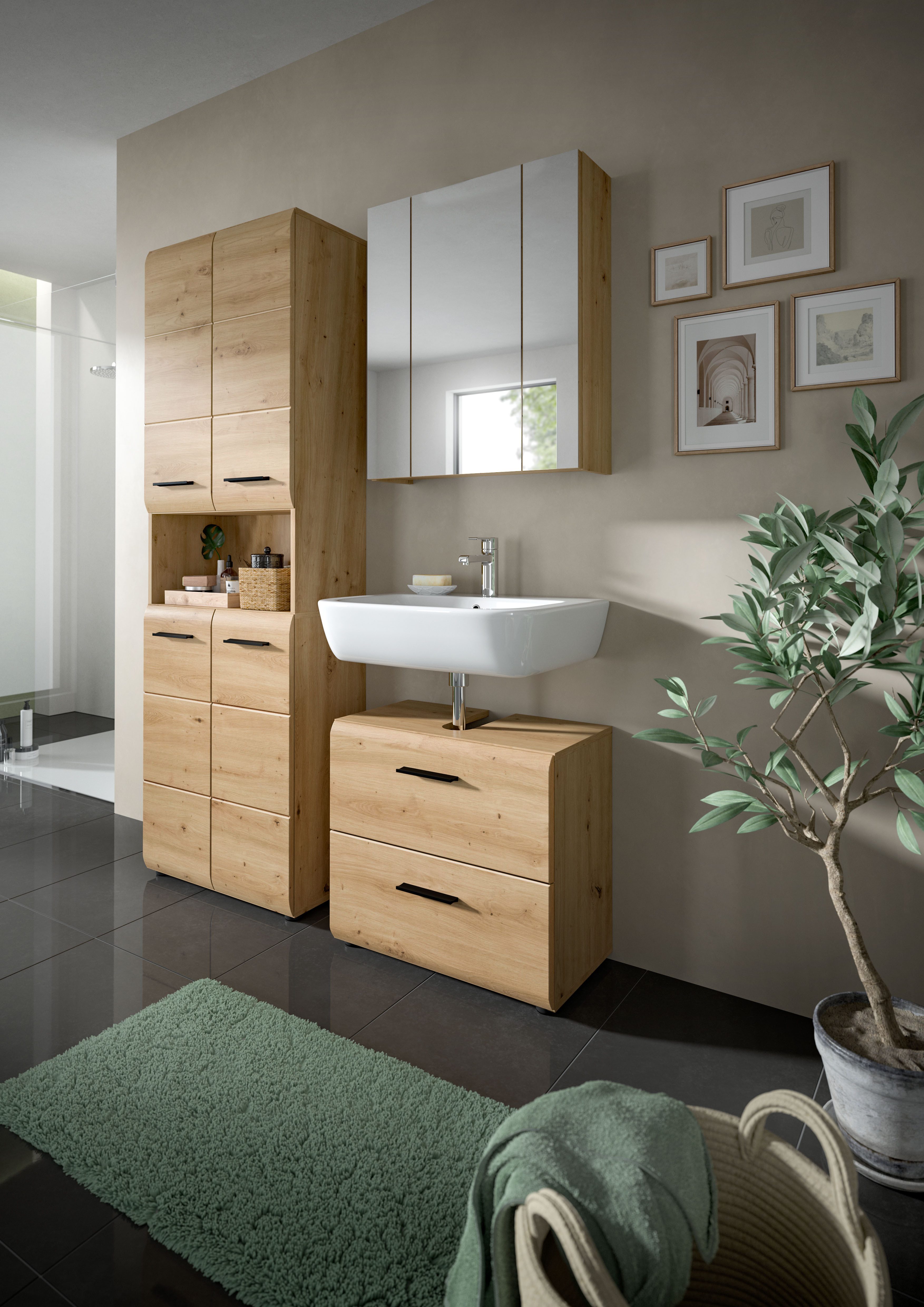 welltime Waschbeckenunterschrank FLORENZ, Breite 60cm, inkl. Siphonausschnitt, mit Türen oder Schüben (1-St., TOPSELLER) hochwertige MDF Front, Griff schwarz, B – Bild 5 von 5