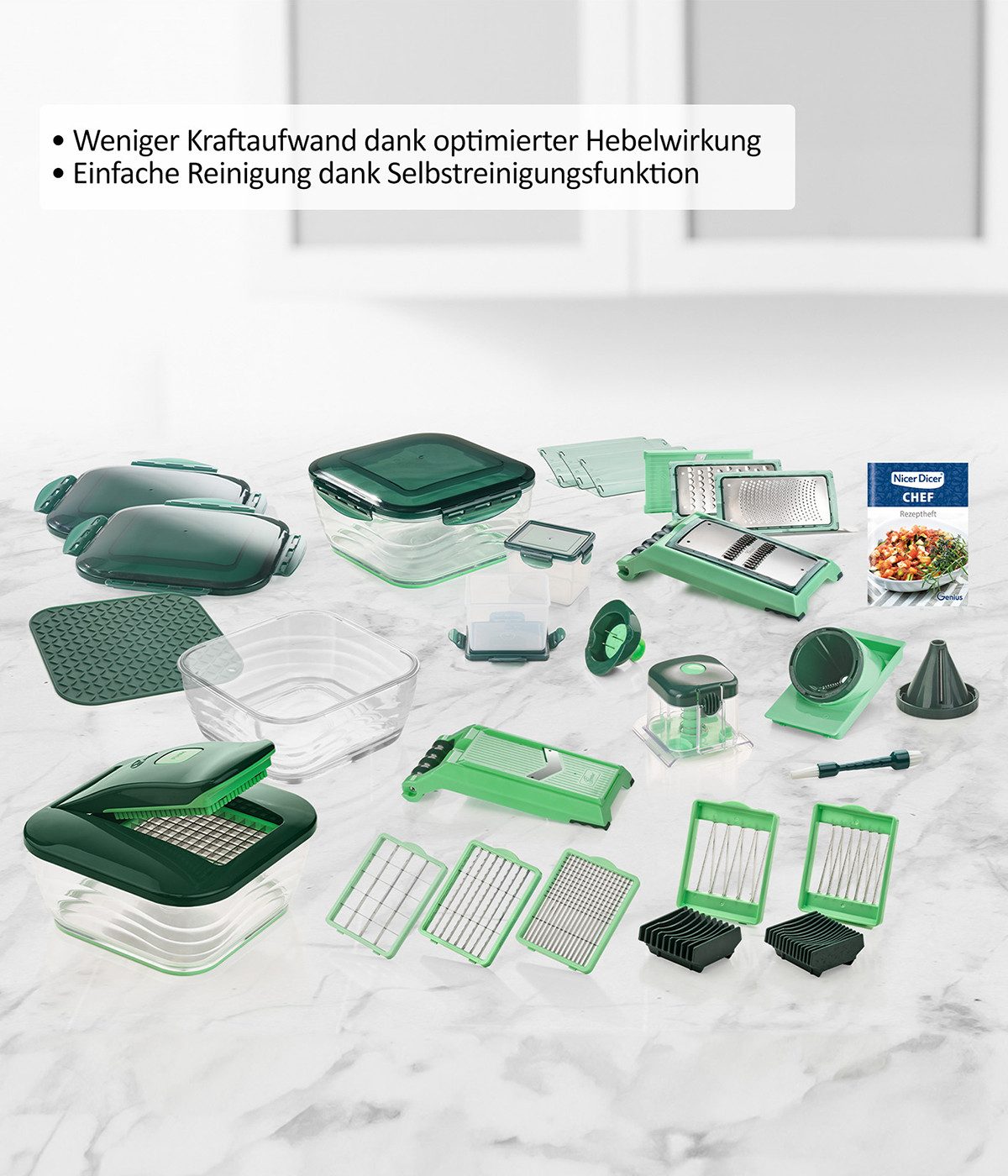 Genius Gemüseschneider Nicer Dicer Chef 34 Teile, Glasschüssel 2.8l, 13 Einsätzen, Würfel, Stifte, Streifen, Scheiben