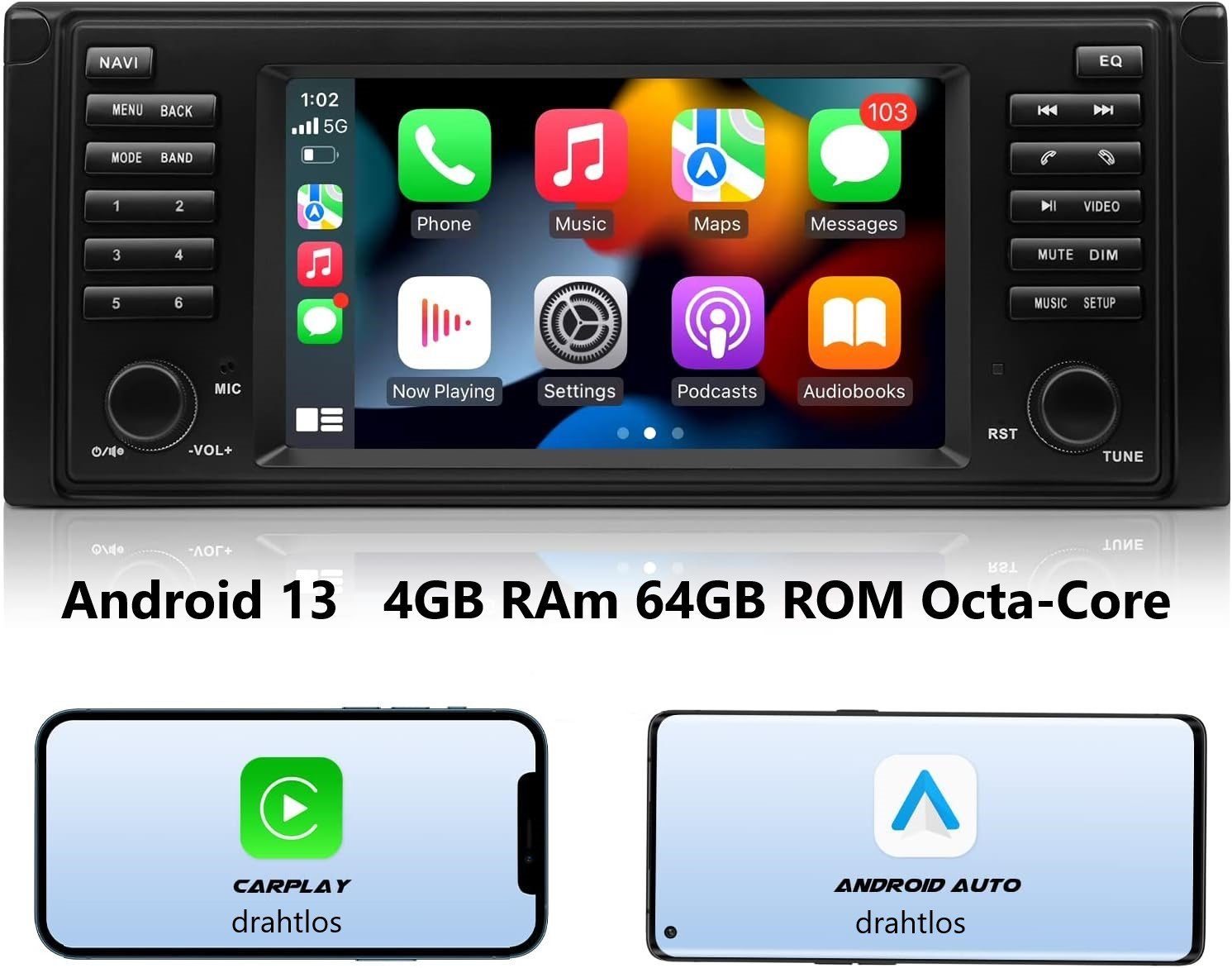 GABITECH 7 Zoll Android 13 Autoradio für BMW 5 Serie E39 E53 X5/M5 CARPLAY Autoradio (FM / AM-Radio, RDS, DAB+ Optional, Kabellos Apple Carplay und Android Auto, Sprachsteuerung)