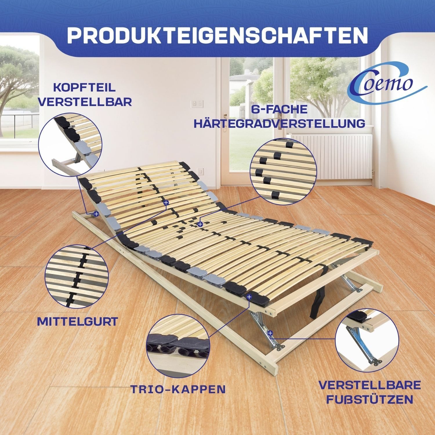 Lattenrost PREMIUM KF, Coemo, Kopfteil manuell verstellbar, Fußteil manuell verstellbar, 80x200 cm sehr stabiler Lattenrost 42 Leisten Trio Kappen zerlegt DIY