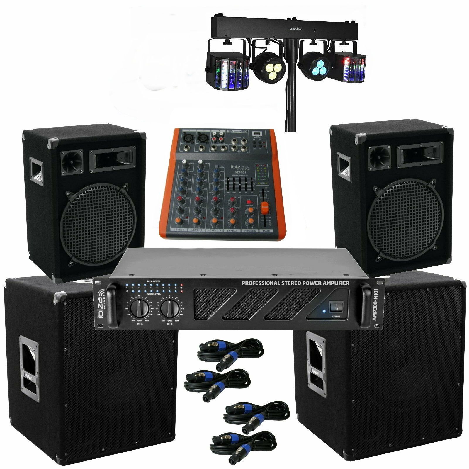 4100 Watt PA Komplett Set Mixer Anlage LED Licht Verstärke Musikanlage Party-Lautsprecher