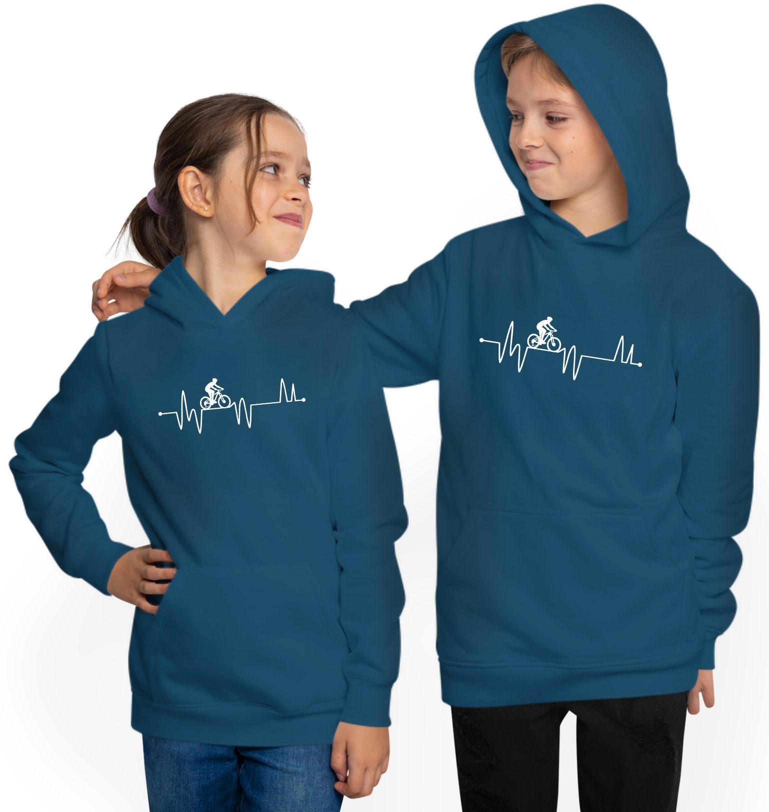 MyDesign24 Hoodie Kinder Hoodie - Herzschlaglinie mit Fahrradfahrer Motiv EGK Kapuzen Pulli petrol blau i574