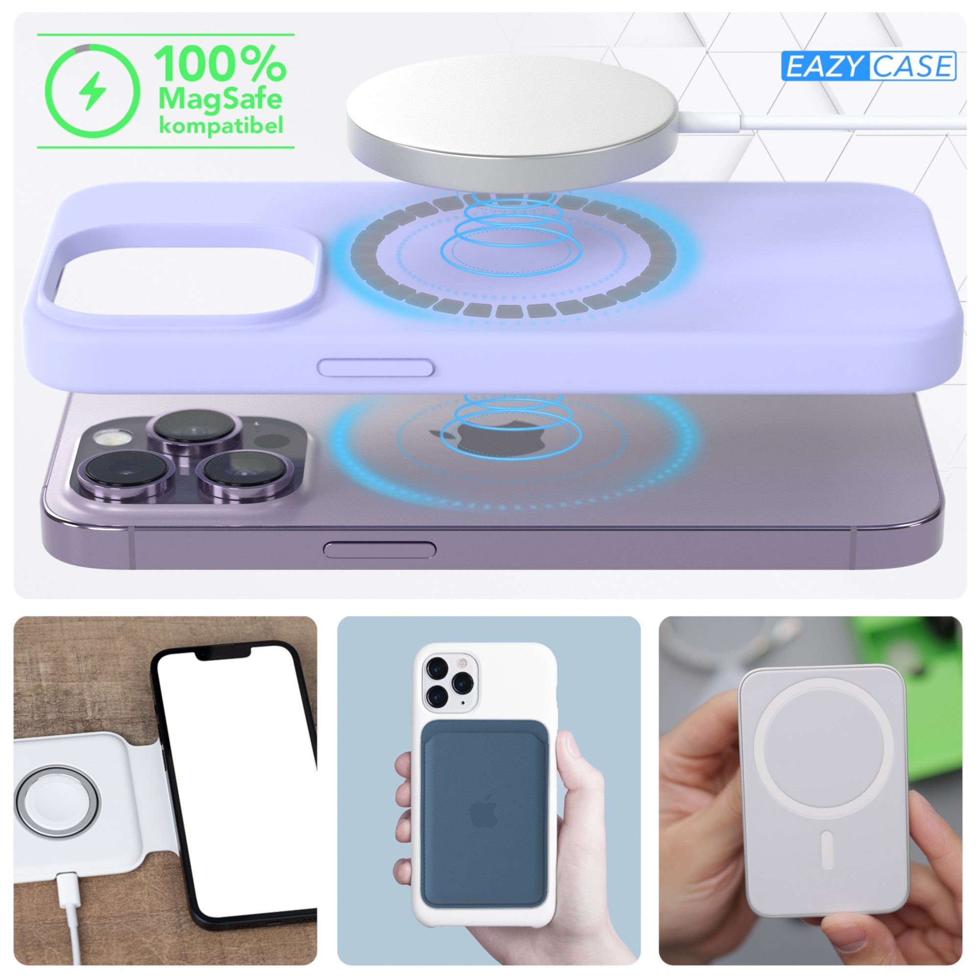 EAZY CASE Handyhülle Silikonhülle mit MagSafe für Apple iPhone 14 Pro 6,1 Zoll, Handytasche aus Silikon Slimcover mit Displayscchutz Violett Lavendel