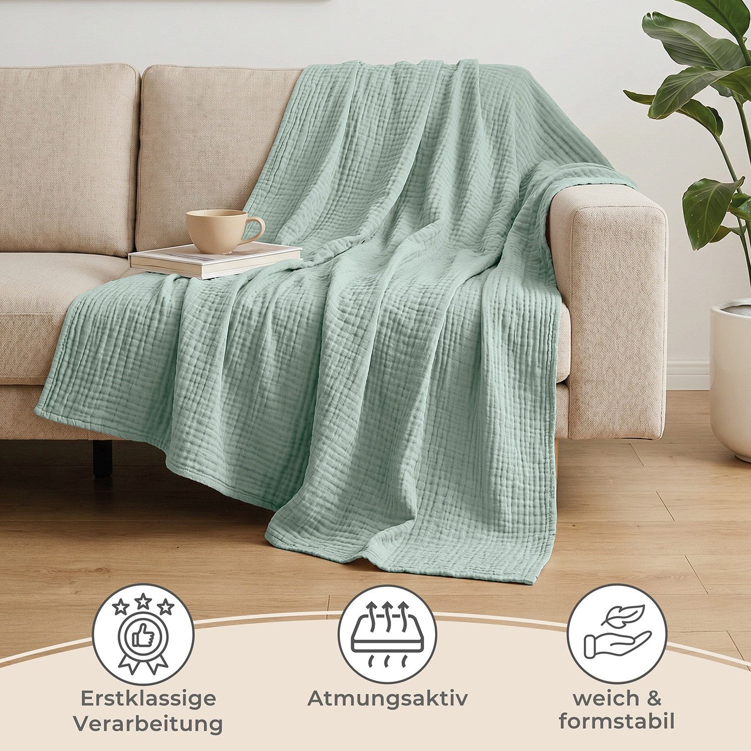 Laynenburg Tagesdecke Musselin aus 100% Baumwolle – Baumwolldecke, Kuscheldecke, Wohndecke als Sommerdecke, Bett-Überwurf, Couch-Überwurf, Sofa-Decke – Bild 5 von 5