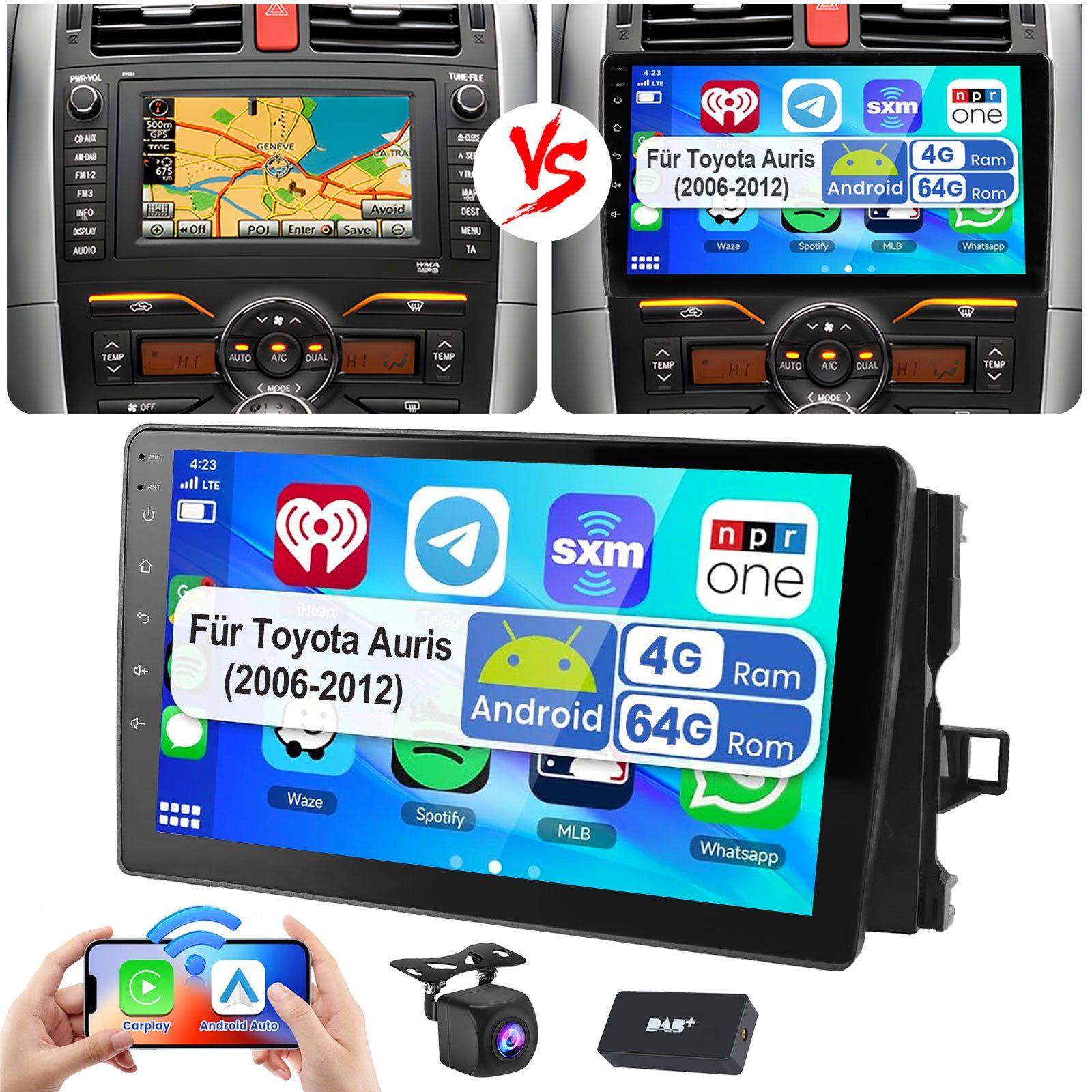 ESSGOO DAB+ 9" Android 15 Für Toyota Auris (2006-2012) Touchscreen HD GPS Autoradio (4+64GB(optional), DAB+ (optional), FM, AM, RDS, GPS Navi Apple Carplay & Android Auto,Bluetooth 4.1)