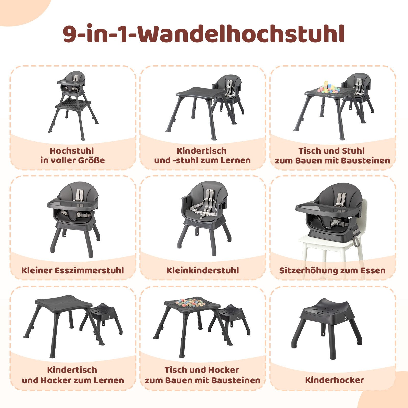 VINGLI Hochstuhl Baby 9 in 1, Robuster Kinderhochstuhl mit 5-Punkt-Gurt, Umbaubar zu Lerntisch, Esstisch oder Sitzerhöhung – Bild 2 von 5